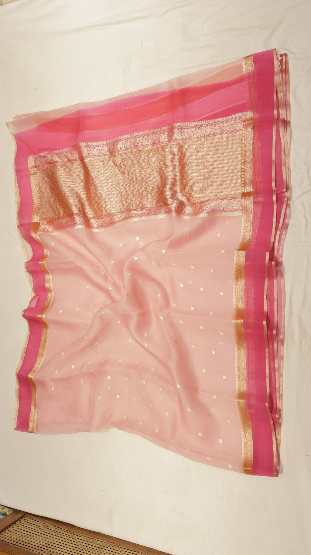 Pre-Order : Pink Pure Kora Silk Handloom Saree with Stripes Blouse