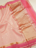 Pre-Order : Pink Pure Kora Silk Handloom Saree with Stripes Blouse