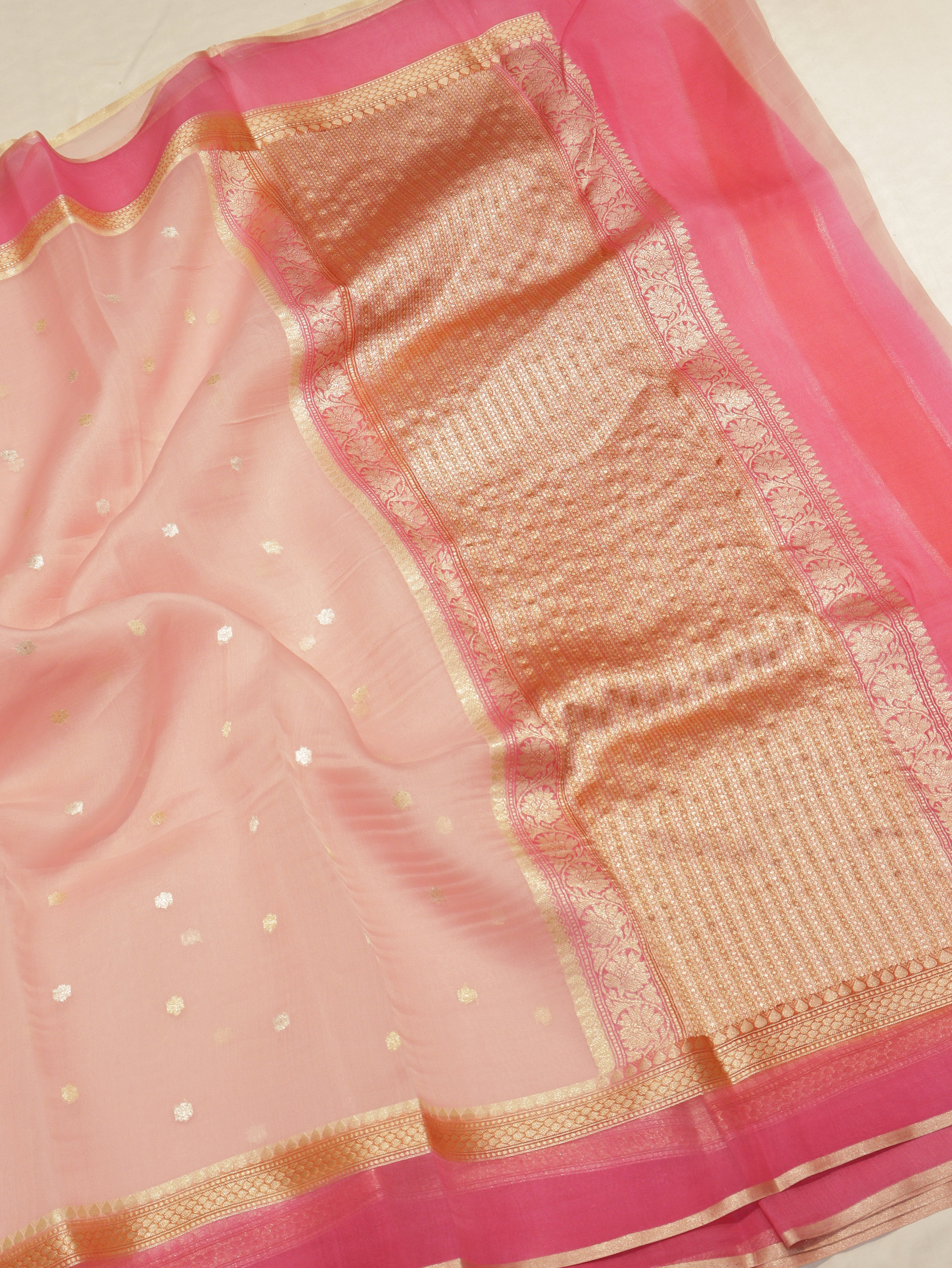 Pre-Order : Pink Pure Kora Silk Handloom Saree with Stripes Blouse