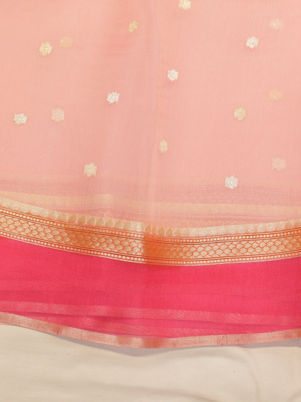 Pre-Order : Pink Pure Kora Silk Handloom Saree with Stripes Blouse