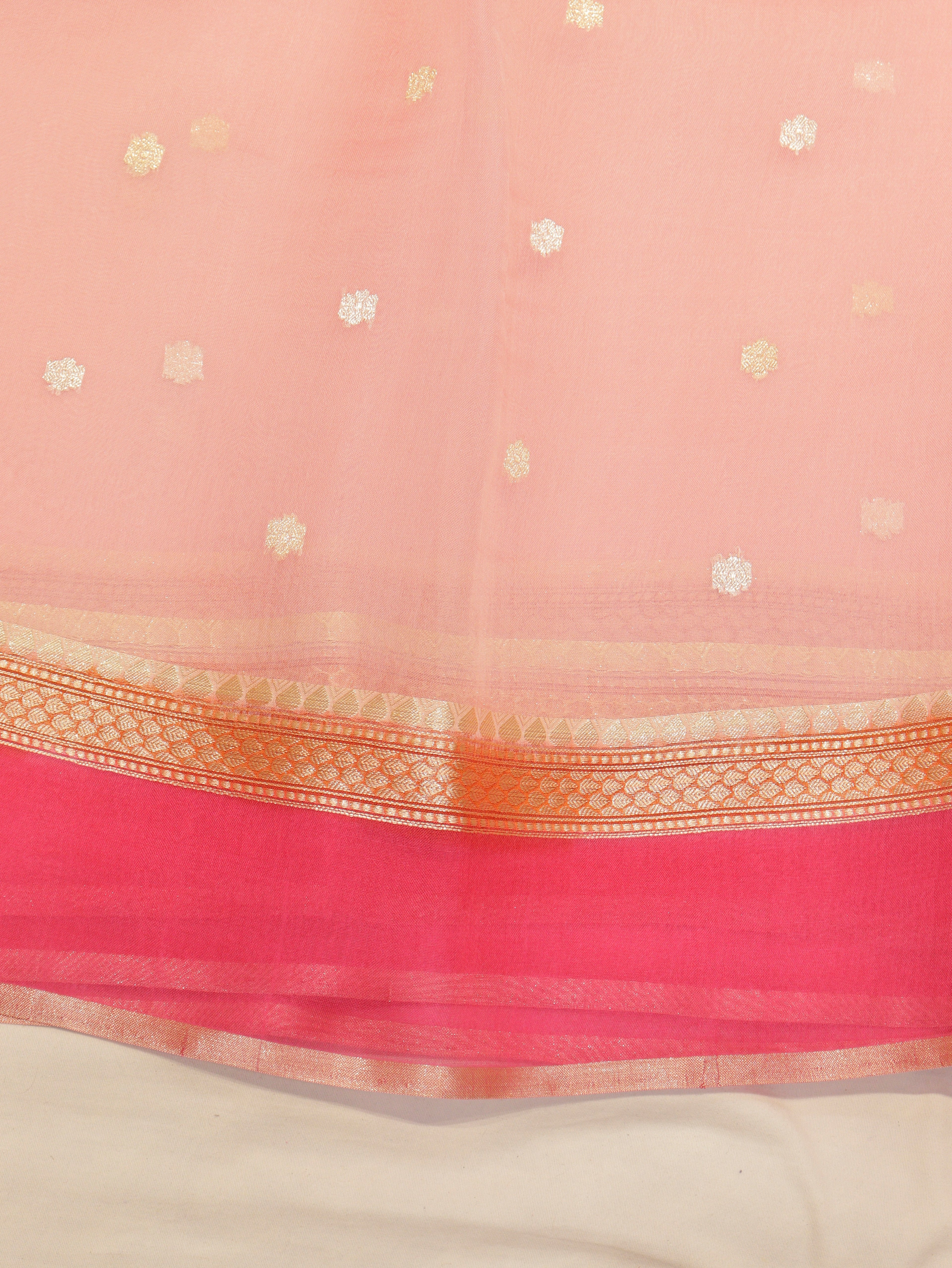 Pre-Order : Pink Pure Kora Silk Handloom Saree with Stripes Blouse
