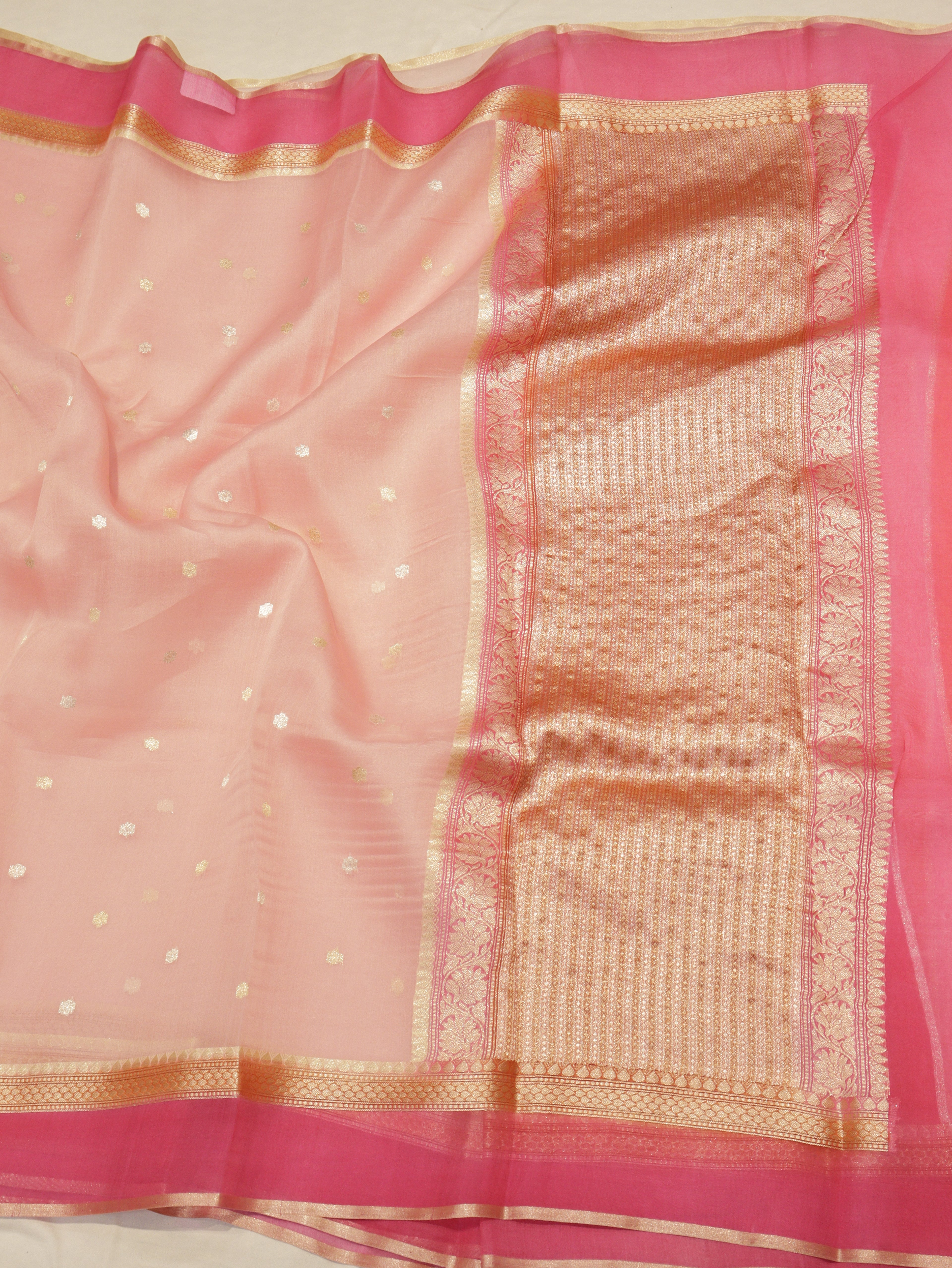 Pre-Order : Pink Pure Kora Silk Handloom Saree with Stripes Blouse