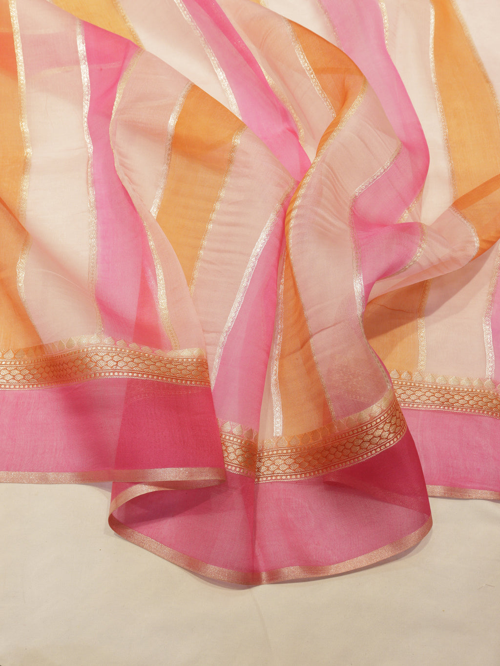 Pre-Order : Pink Pure Kora Silk Handloom Saree with Stripes Blouse