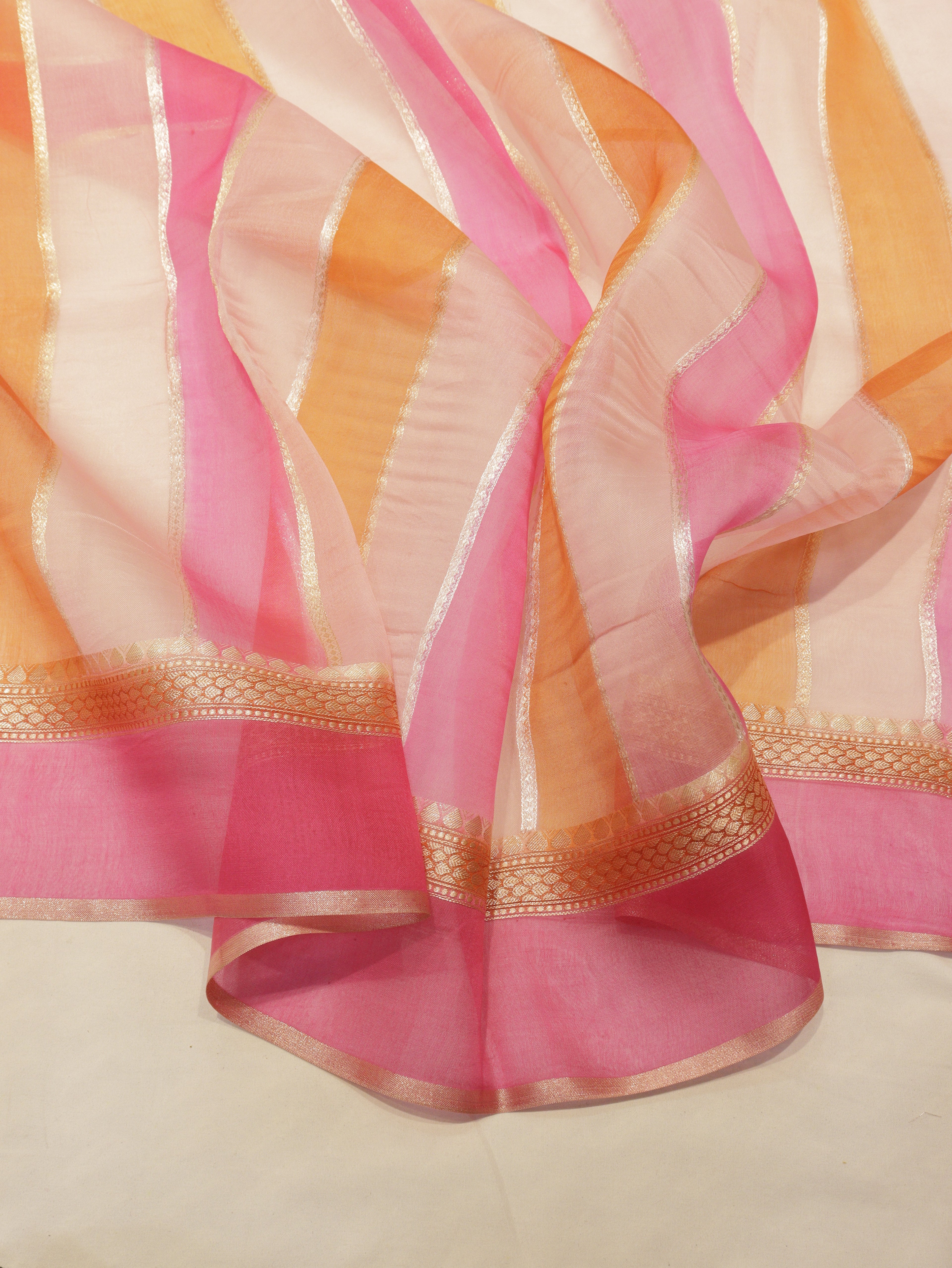 Pre-Order : Pink Pure Kora Silk Handloom Saree with Stripes Blouse