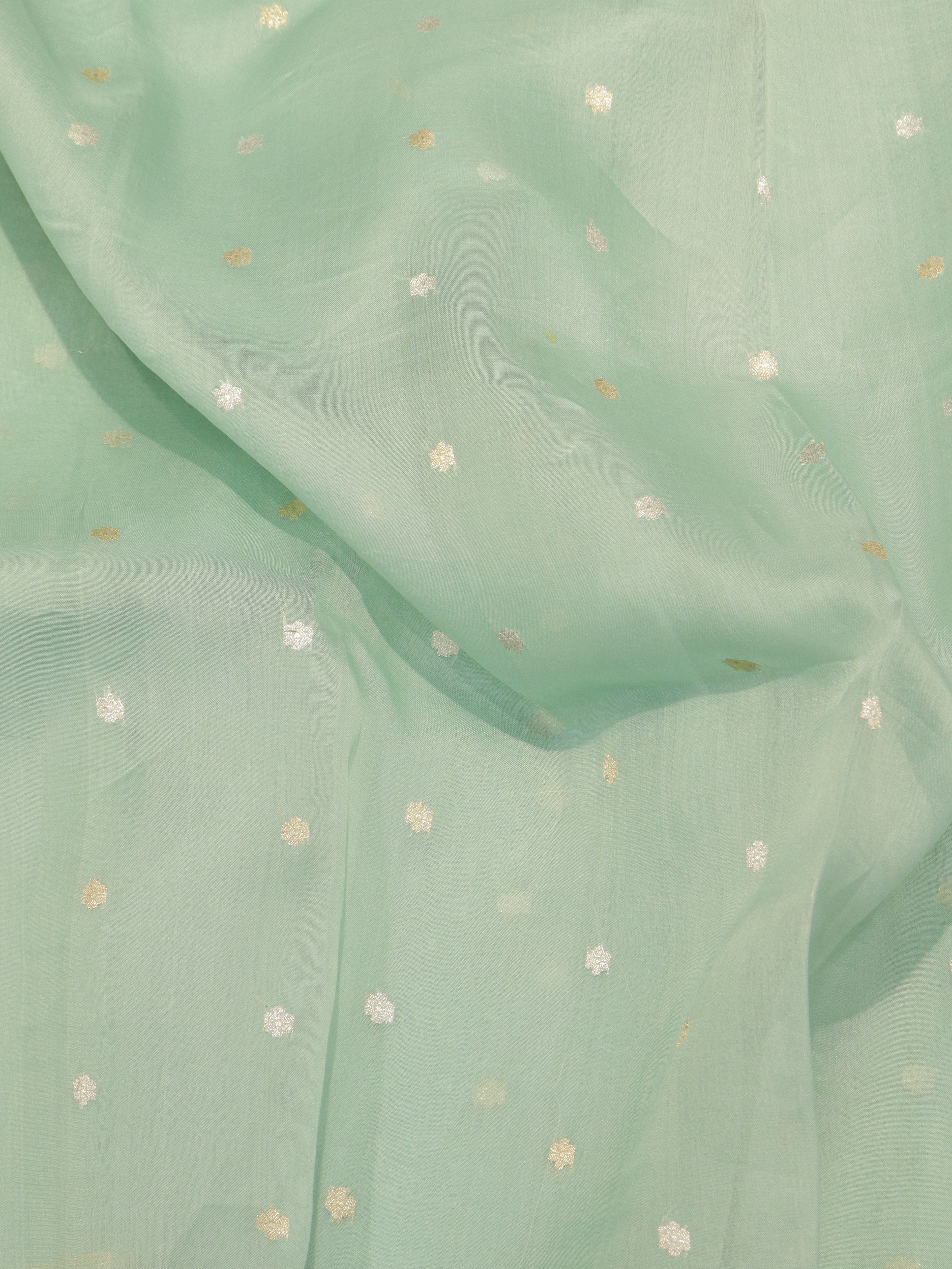 Pre-Order : Ocean Green Pure Kora Silk Handloom Saree with Stripes Blouse