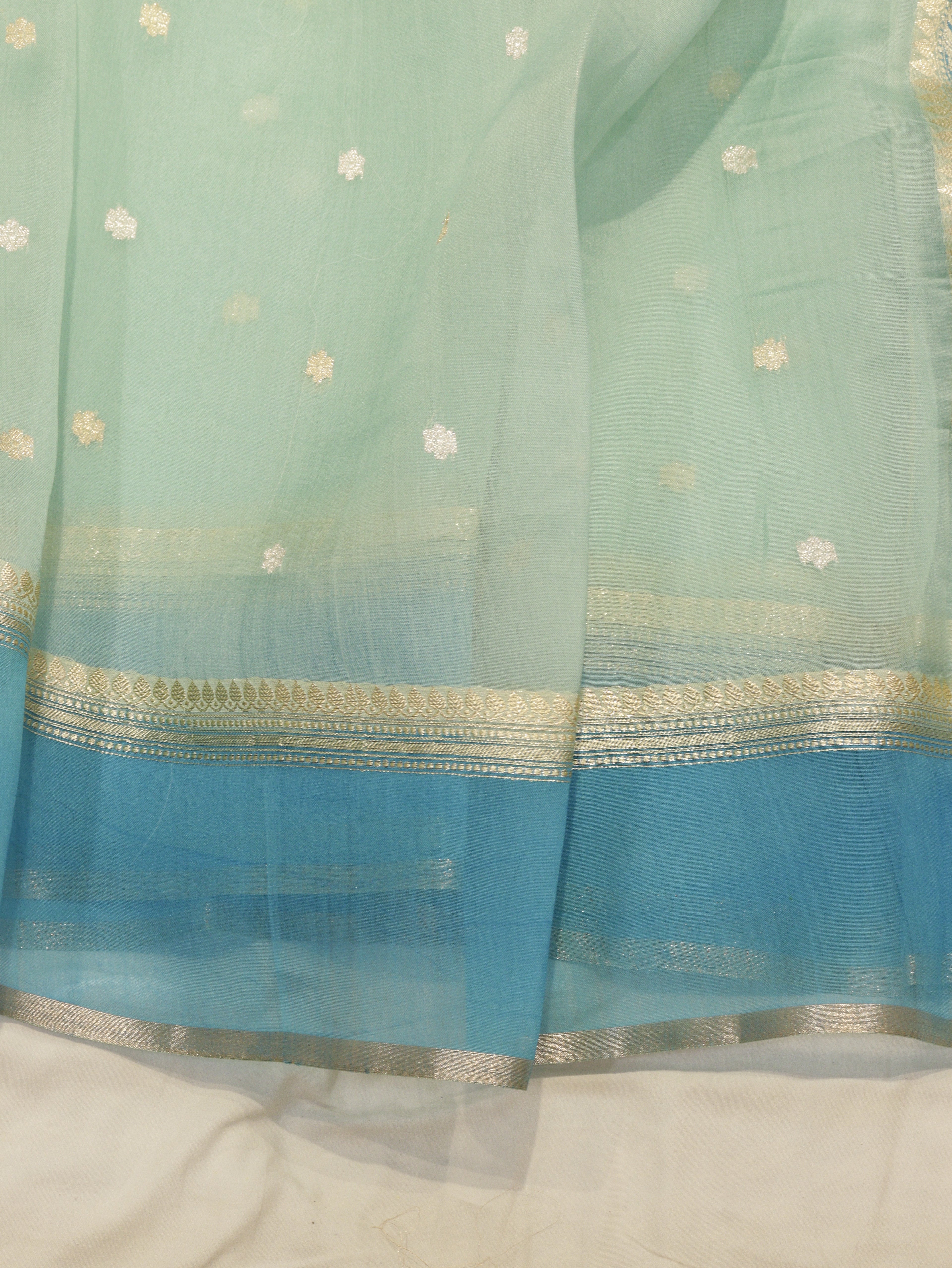 Pre-Order : Ocean Green Pure Kora Silk Handloom Saree with Stripes Blouse