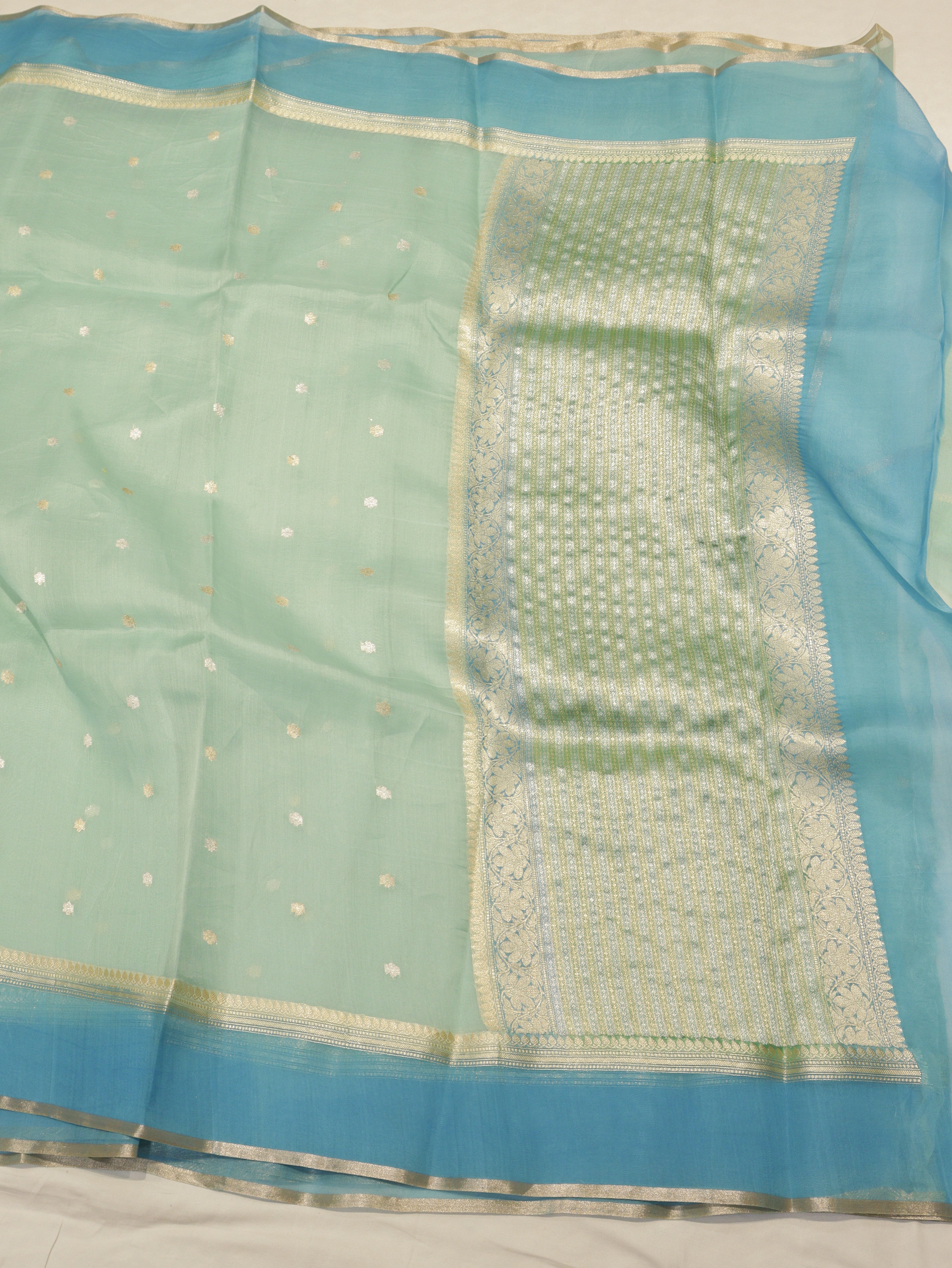 Pre-Order : Ocean Green Pure Kora Silk Handloom Saree with Stripes Blouse