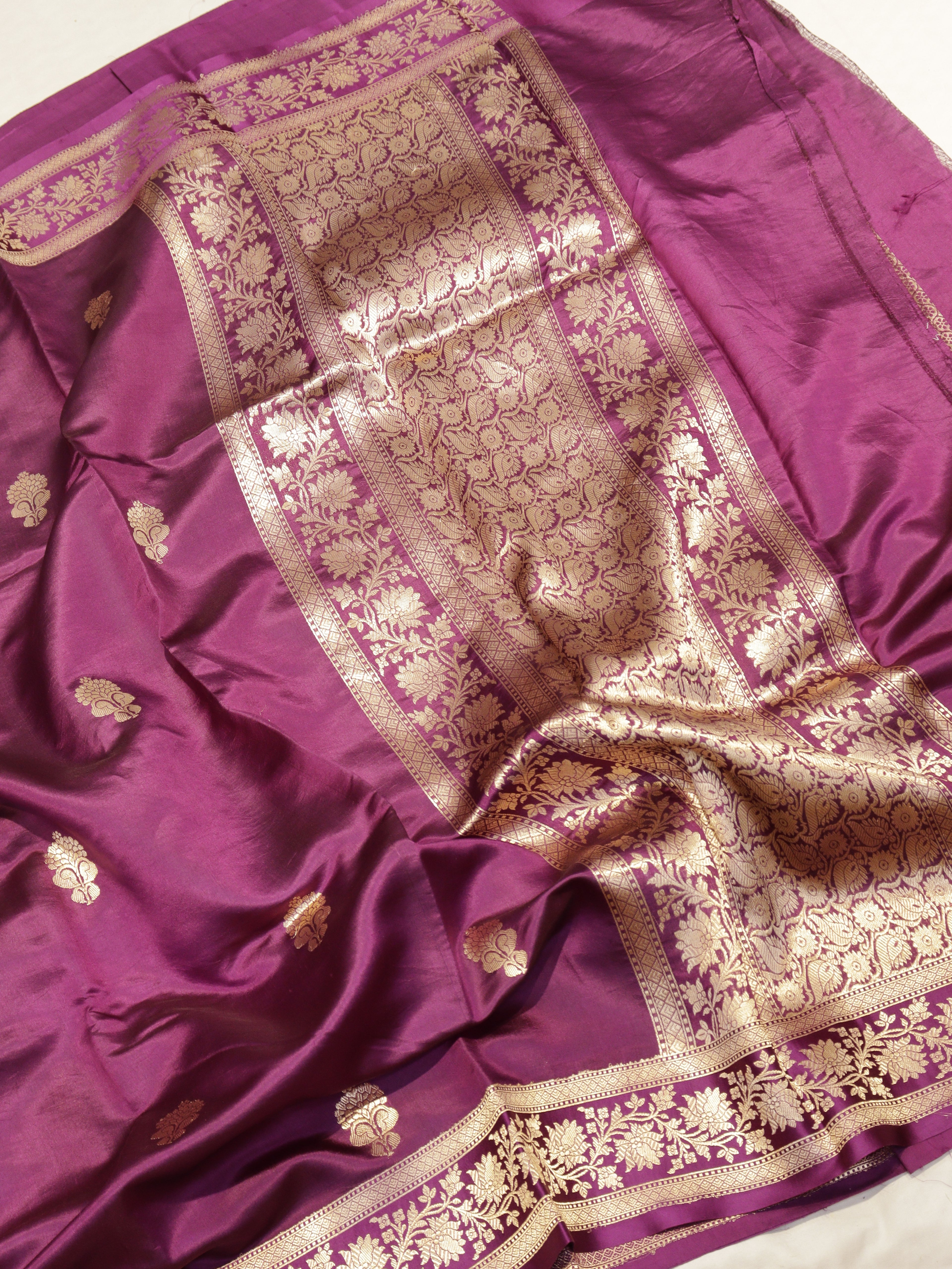 Pre-Order : Deep Magenta Pure Soft Katan Silk Handloom Saree with Stripes Blouse