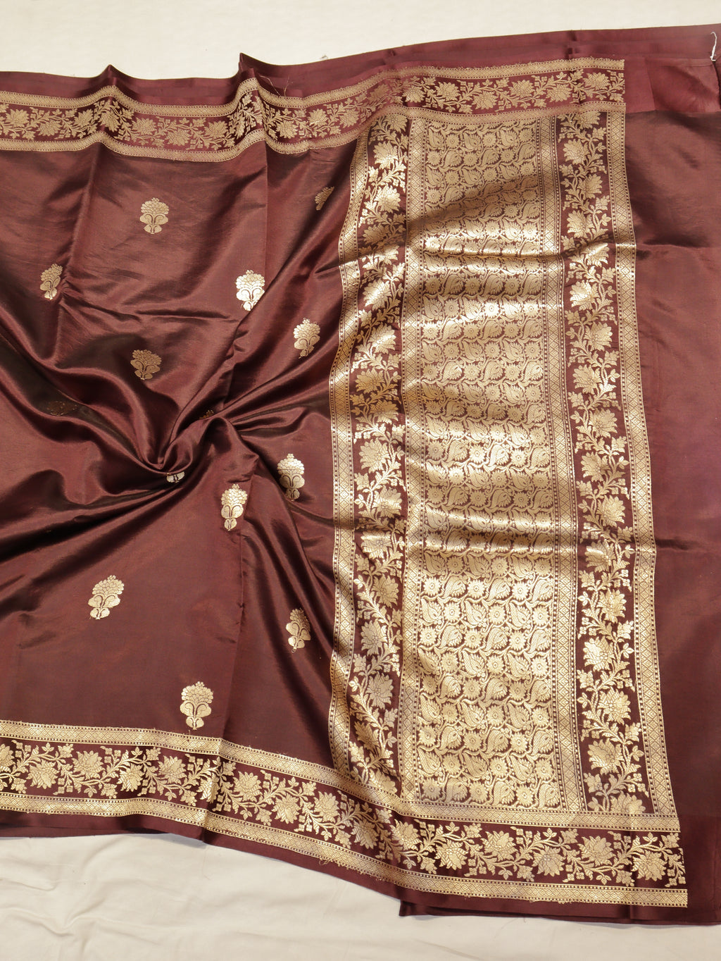 Brown Pure Soft Katan Silk Handloom Saree with Stripes Blouse