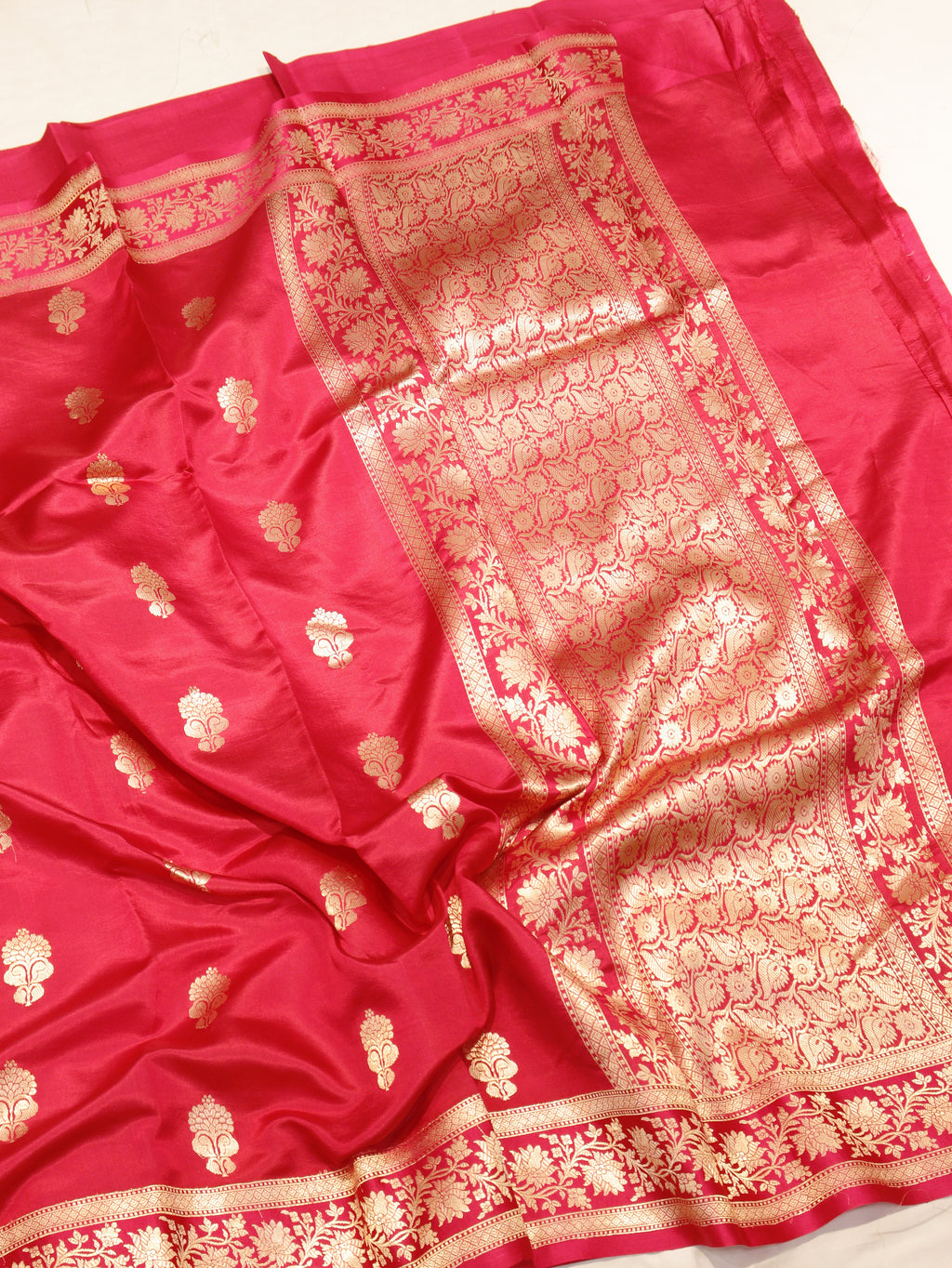 Rich Red Pure Soft Katan Silk Handloom Saree with Stripes Blouse
