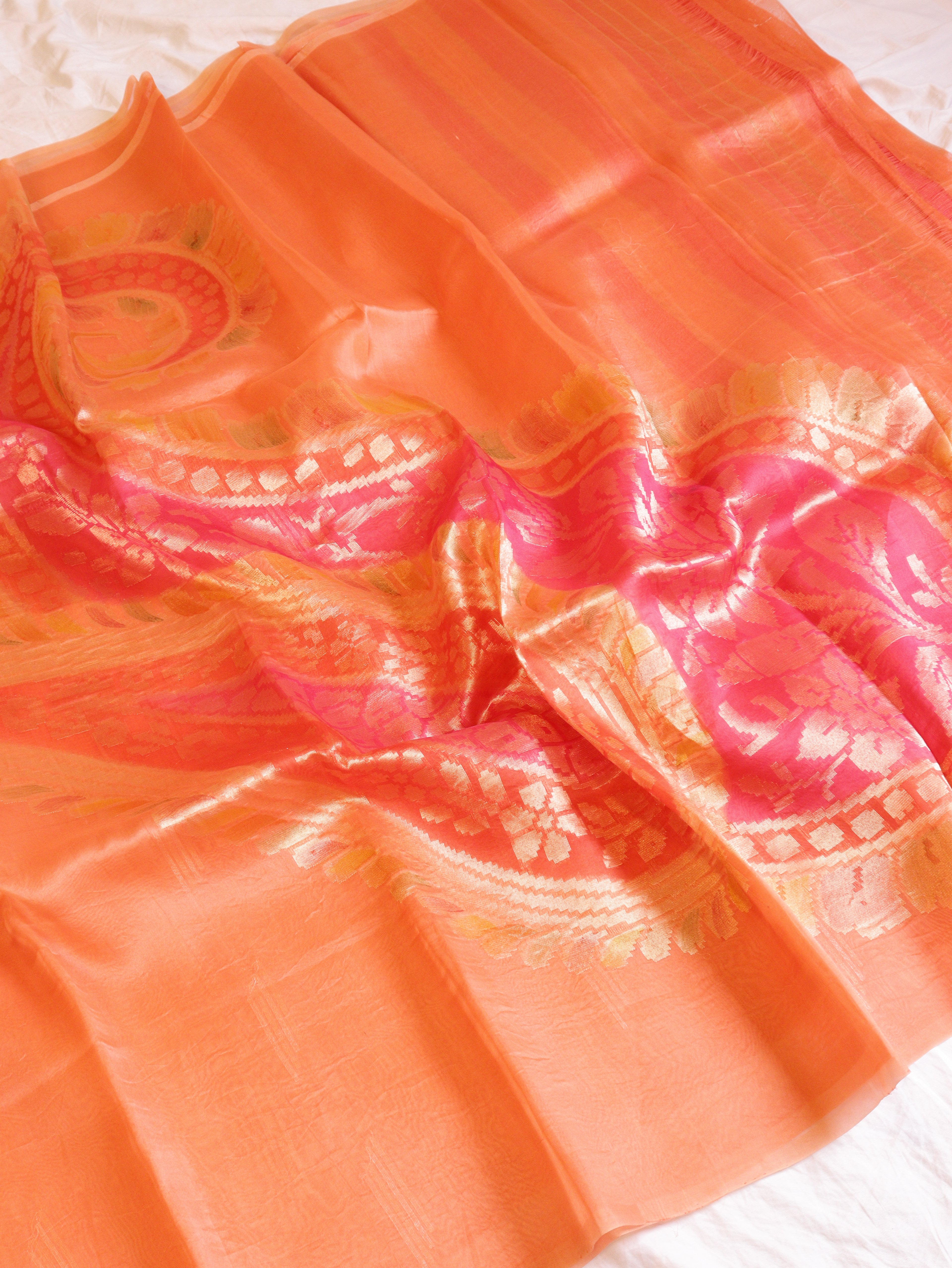 Pre Order: Peach Pure Kora Silk Handloom Saree with Rangkaat Blouse