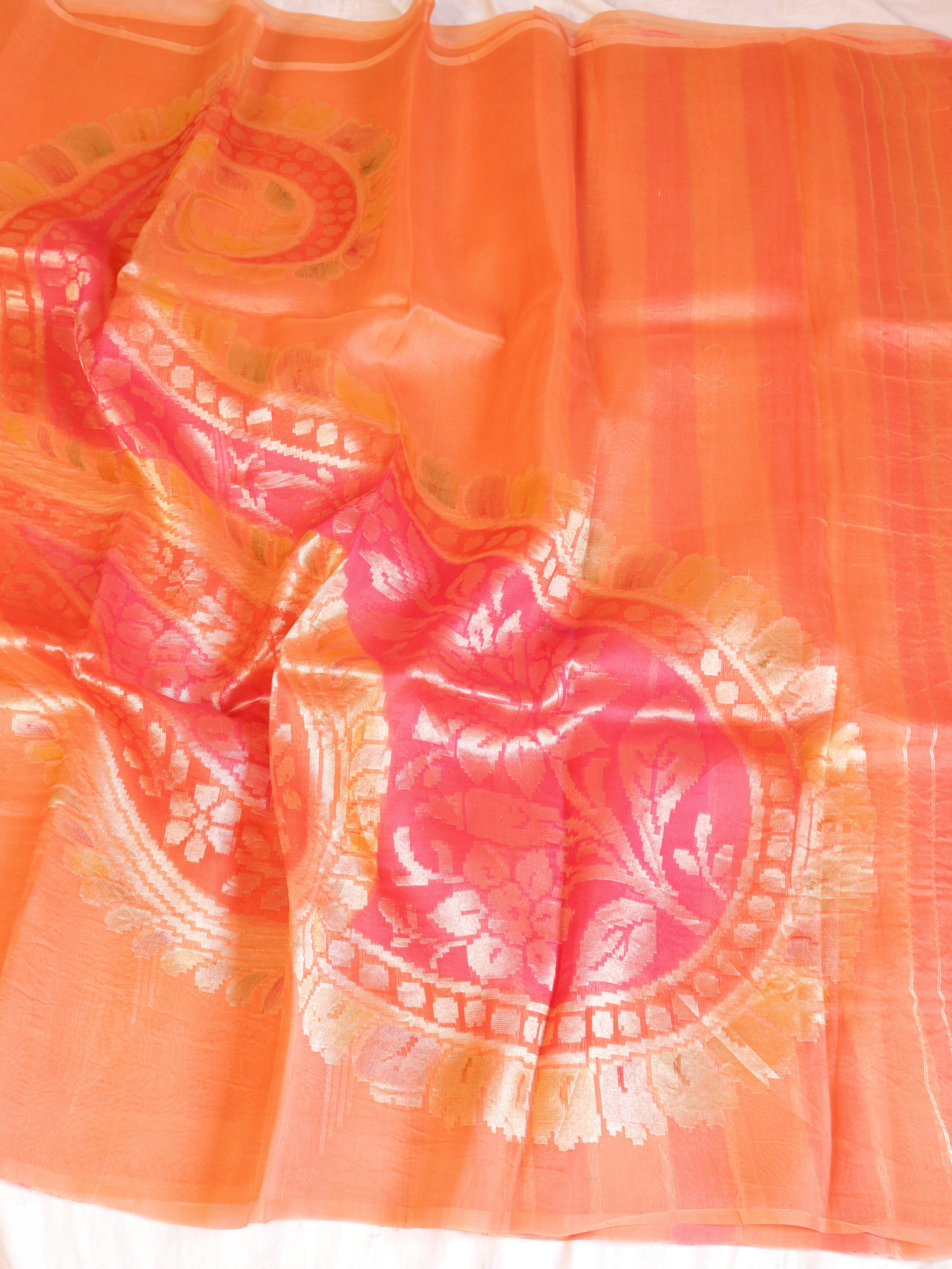 Pre Order: Peach Pure Kora Silk Handloom Saree with Rangkaat Blouse