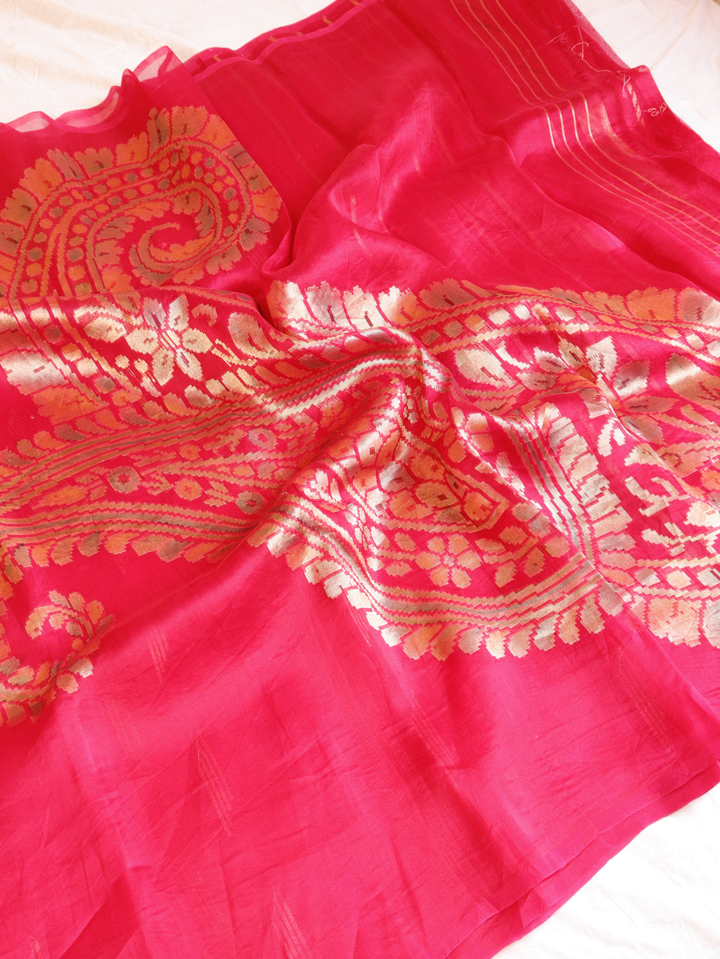 Raspberry Pink Pure Kora Silk Handloom Saree with Rangkaat Blouse