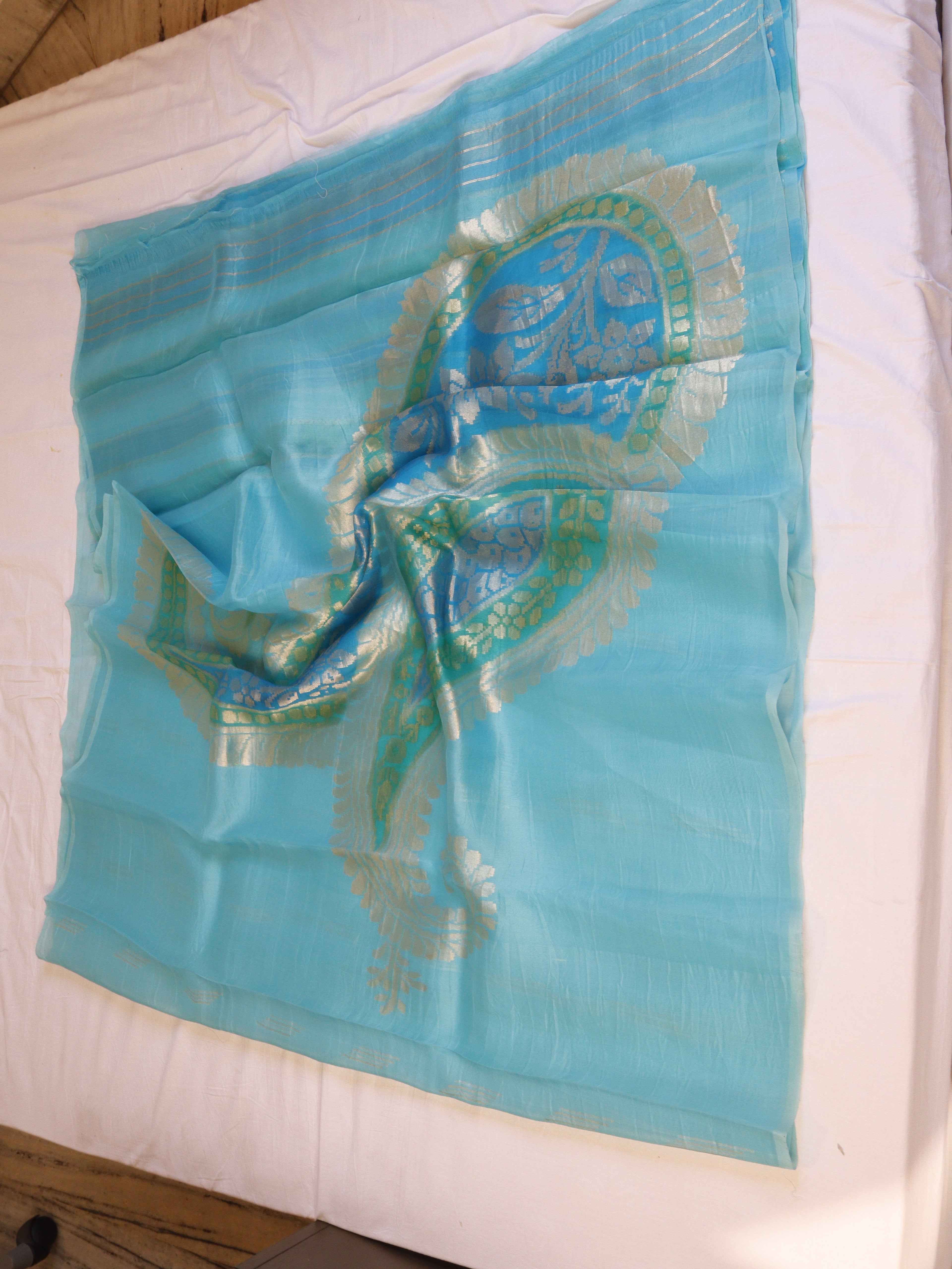 Blue Pure Kora Silk Handloom Saree with Rangkaat Blouse