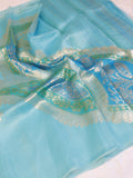 Blue Pure Kora Silk Handloom Saree with Rangkaat Blouse