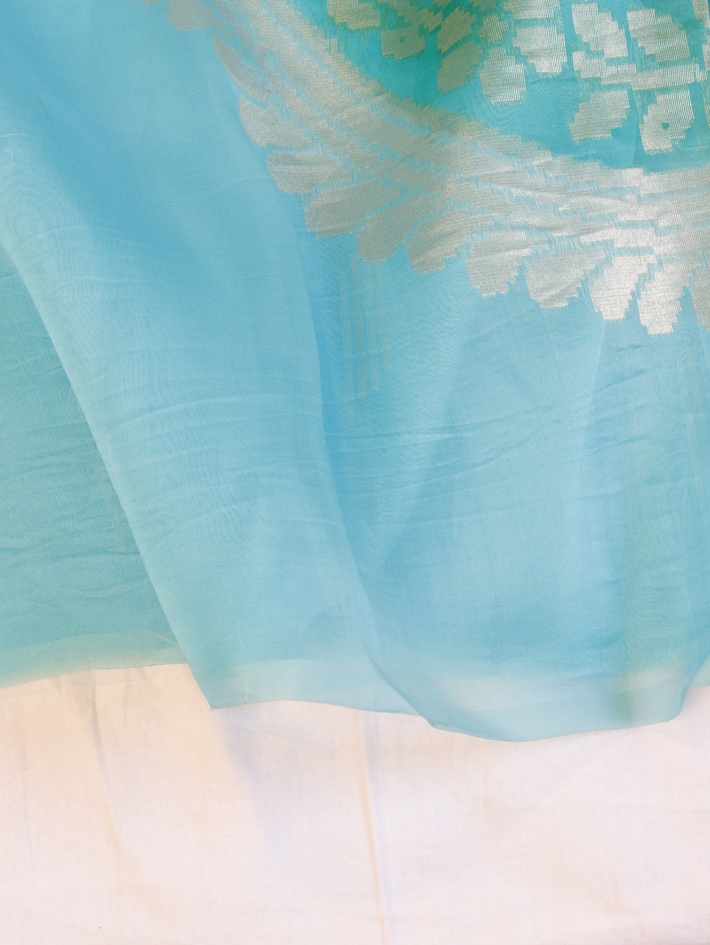 Blue Pure Kora Silk Handloom Saree with Rangkaat Blouse