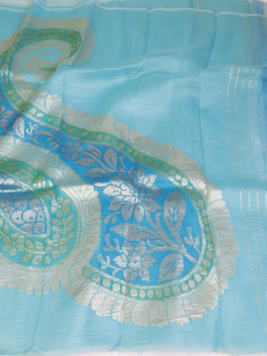 Blue Pure Kora Silk Handloom Saree with Rangkaat Blouse