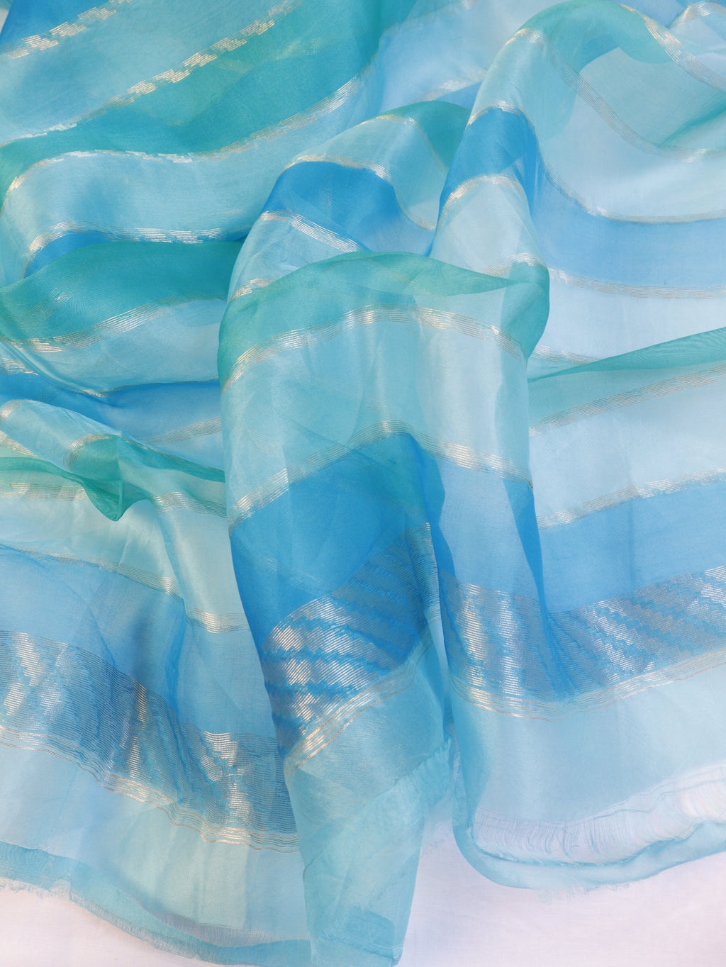 Blue Pure Kora Silk Handloom Saree with Rangkaat Blouse