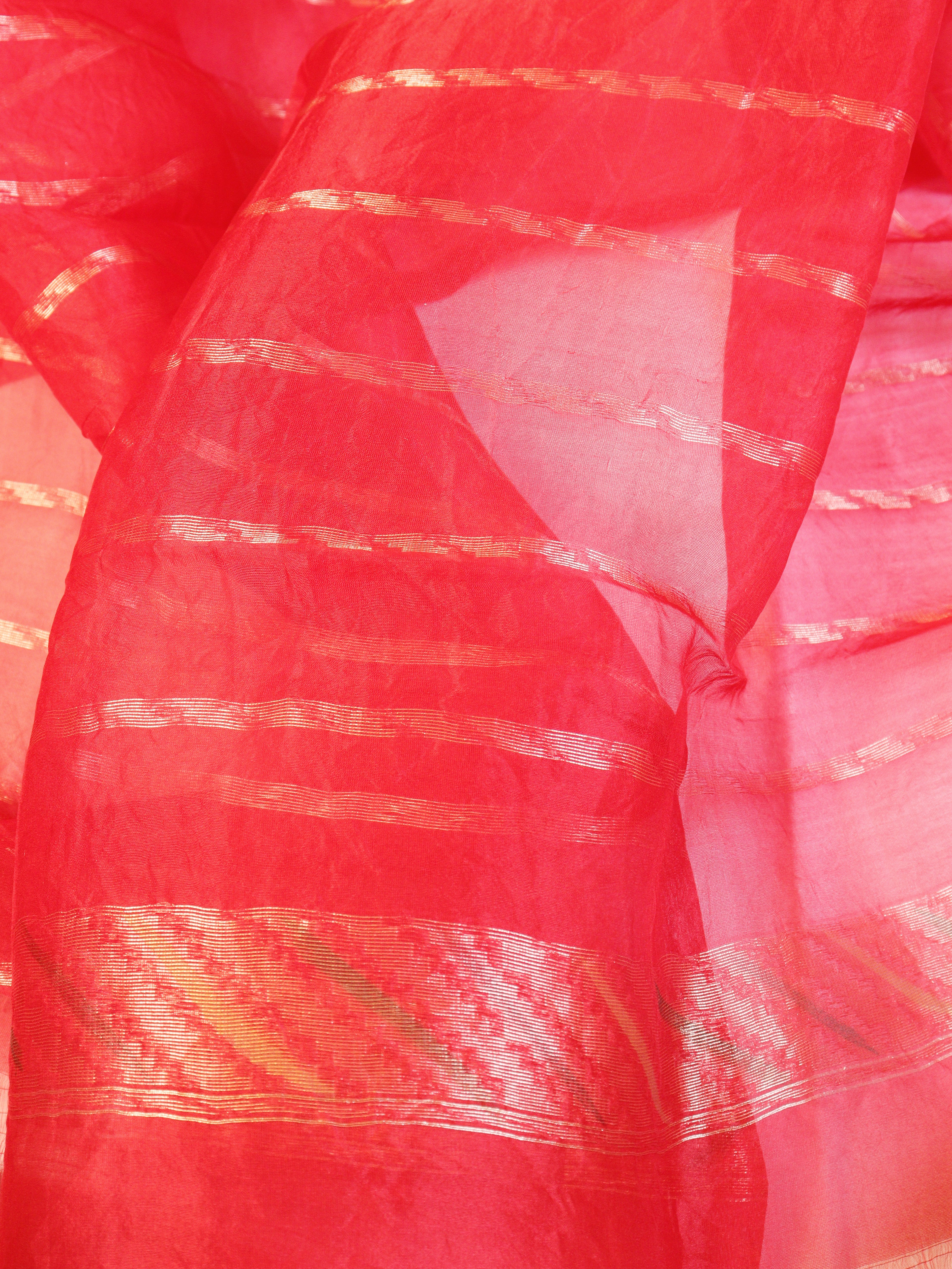 Red Pure Kora Silk Handloom Saree with Rangkaat Blouse