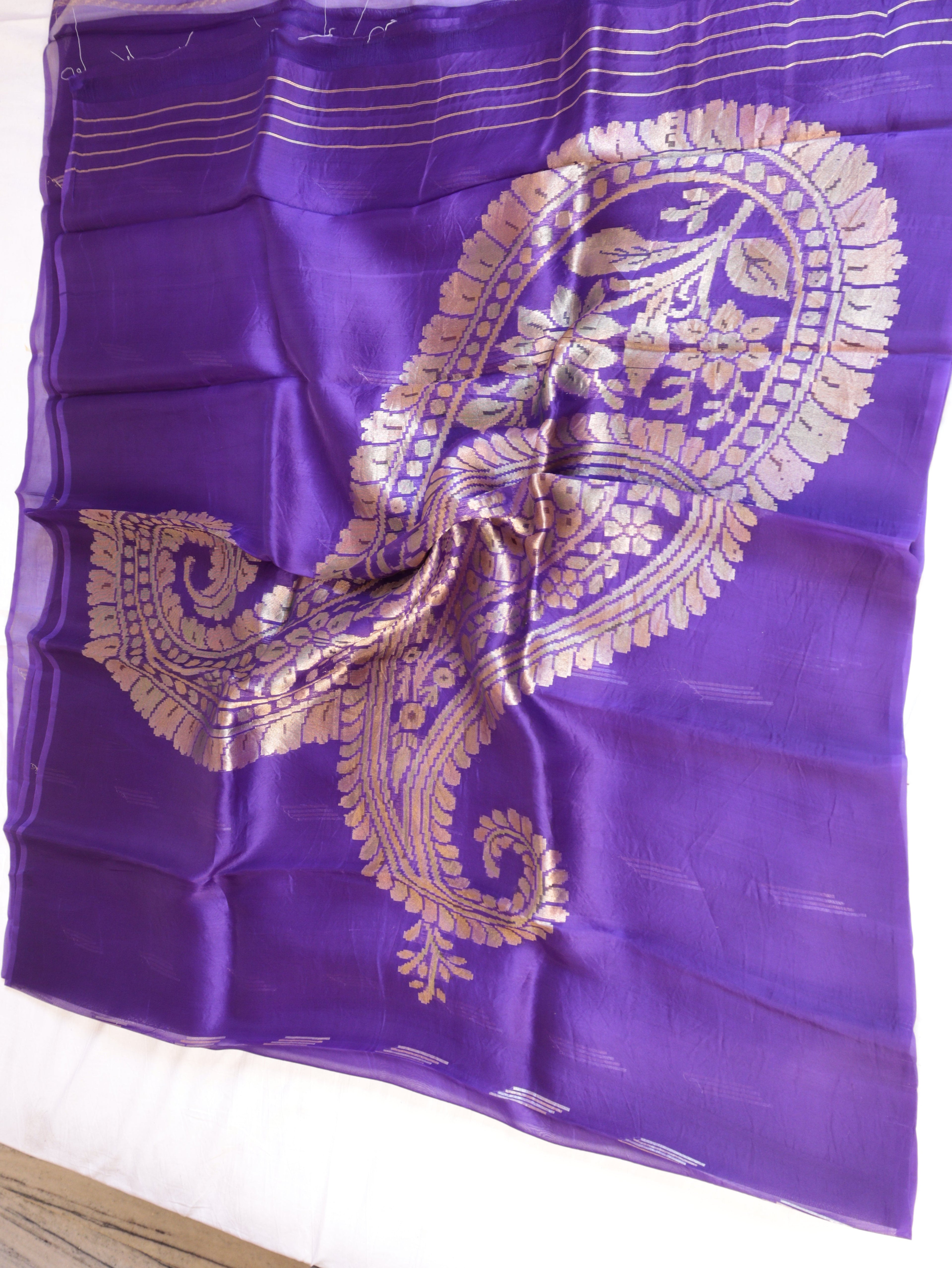 Pre-Order : Purple Pure Kora Silk Handloom Saree with Paisley Pallu