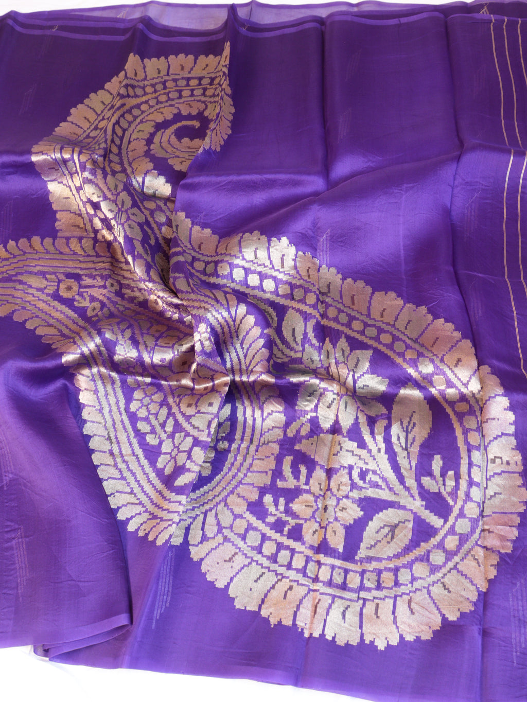 Pre-Order : Purple Pure Kora Silk Handloom Saree with Paisley Pallu