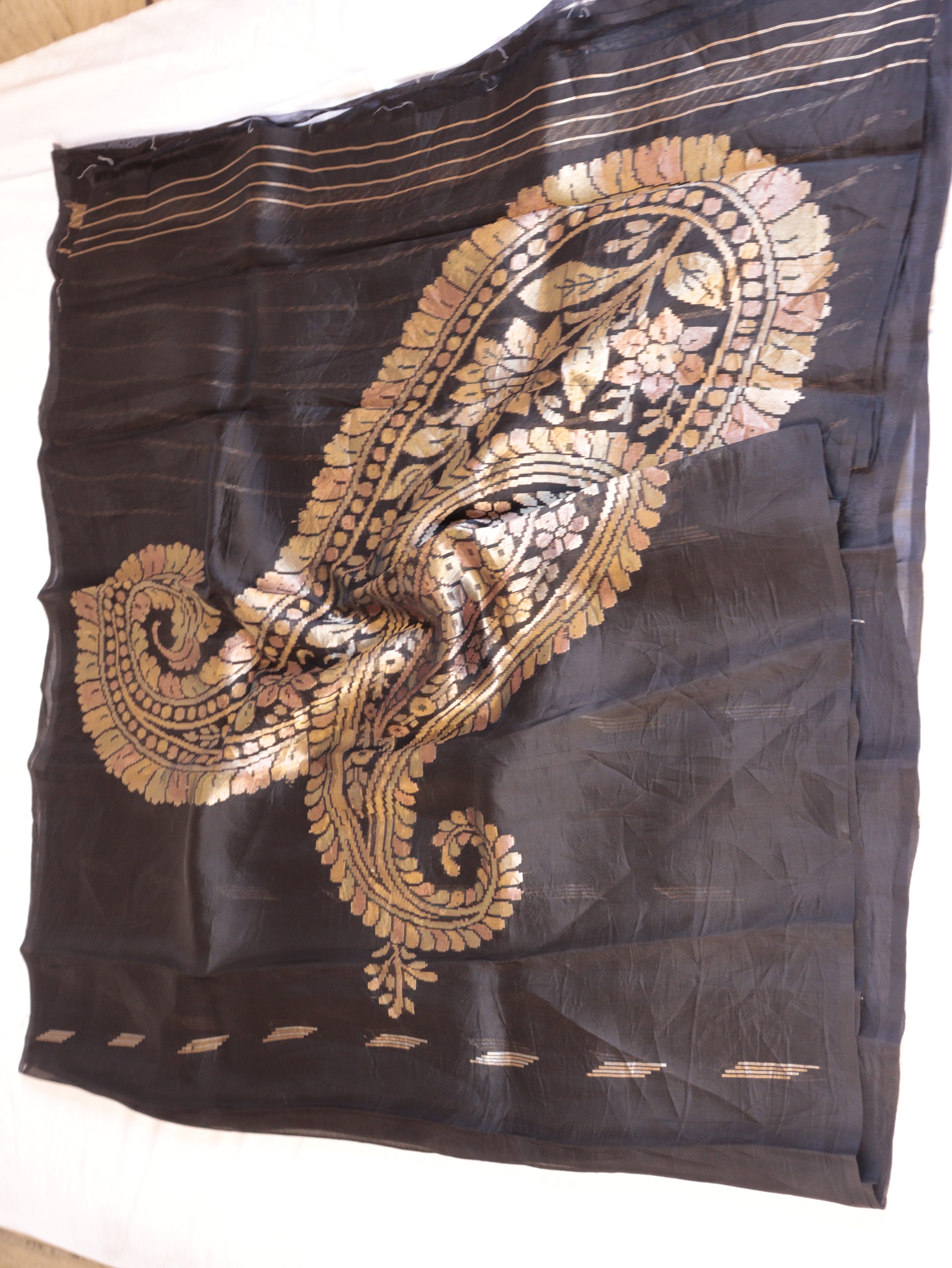 Black Pure Kora Silk Handloom Saree with Paisley Pallu