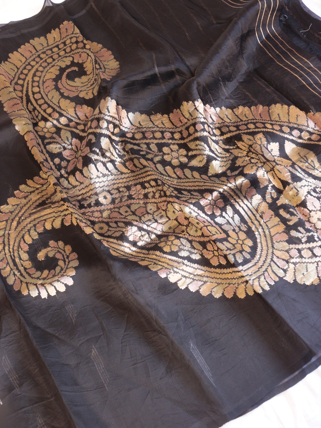 Black Pure Kora Silk Handloom Saree with Paisley Pallu