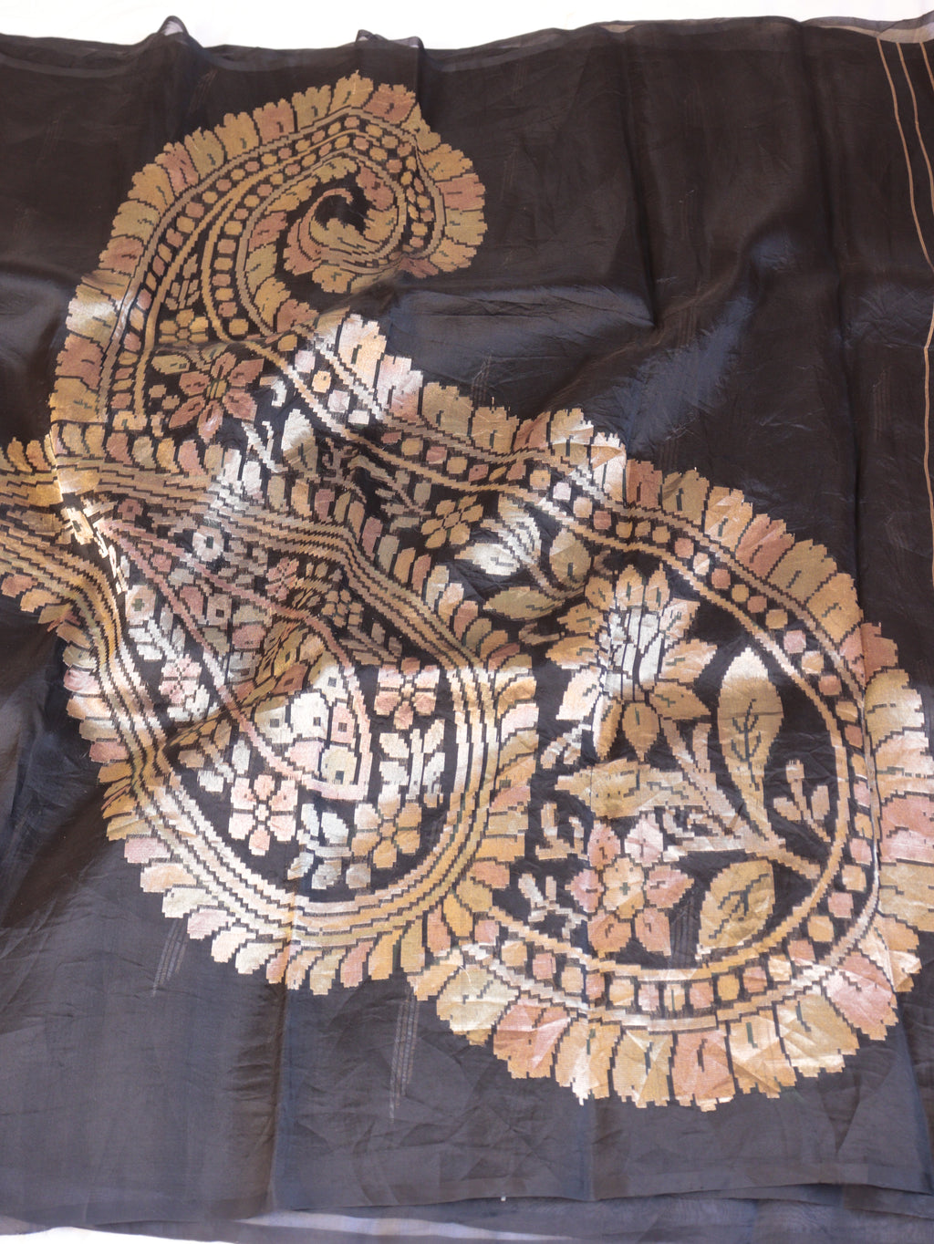 Black Pure Kora Silk Handloom Saree with Paisley Pallu