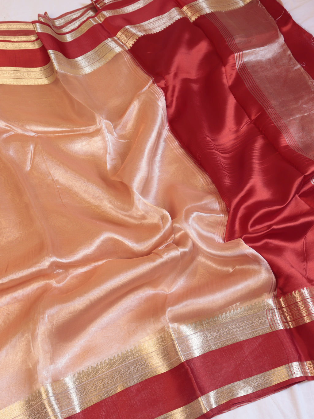 Pre-Order : Red Pure Tissue Silk Handloom Saree with Soft Katan Silk Border