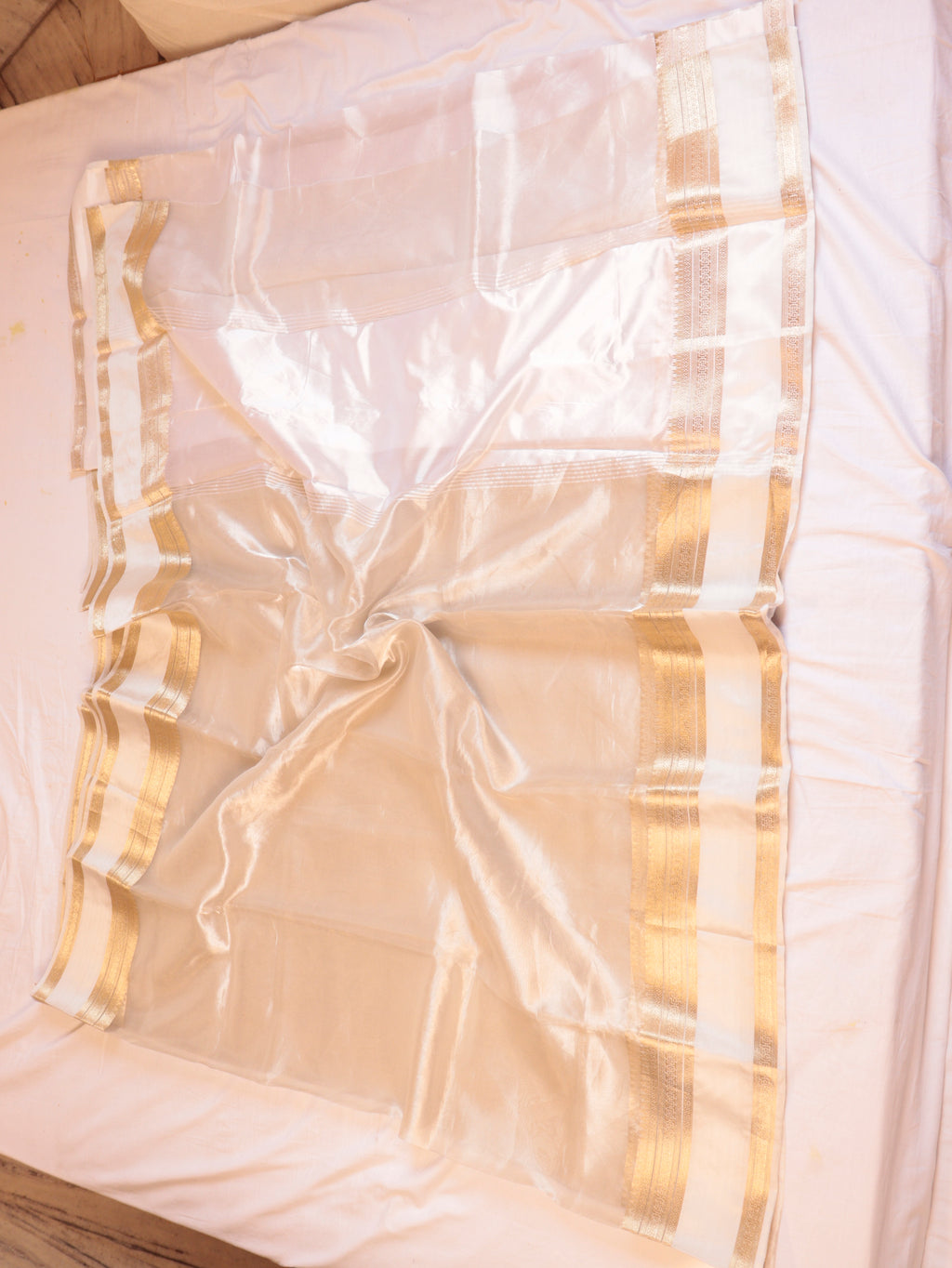 White Pure Tissue Silk Handloom Saree with Soft Katan Silk Border