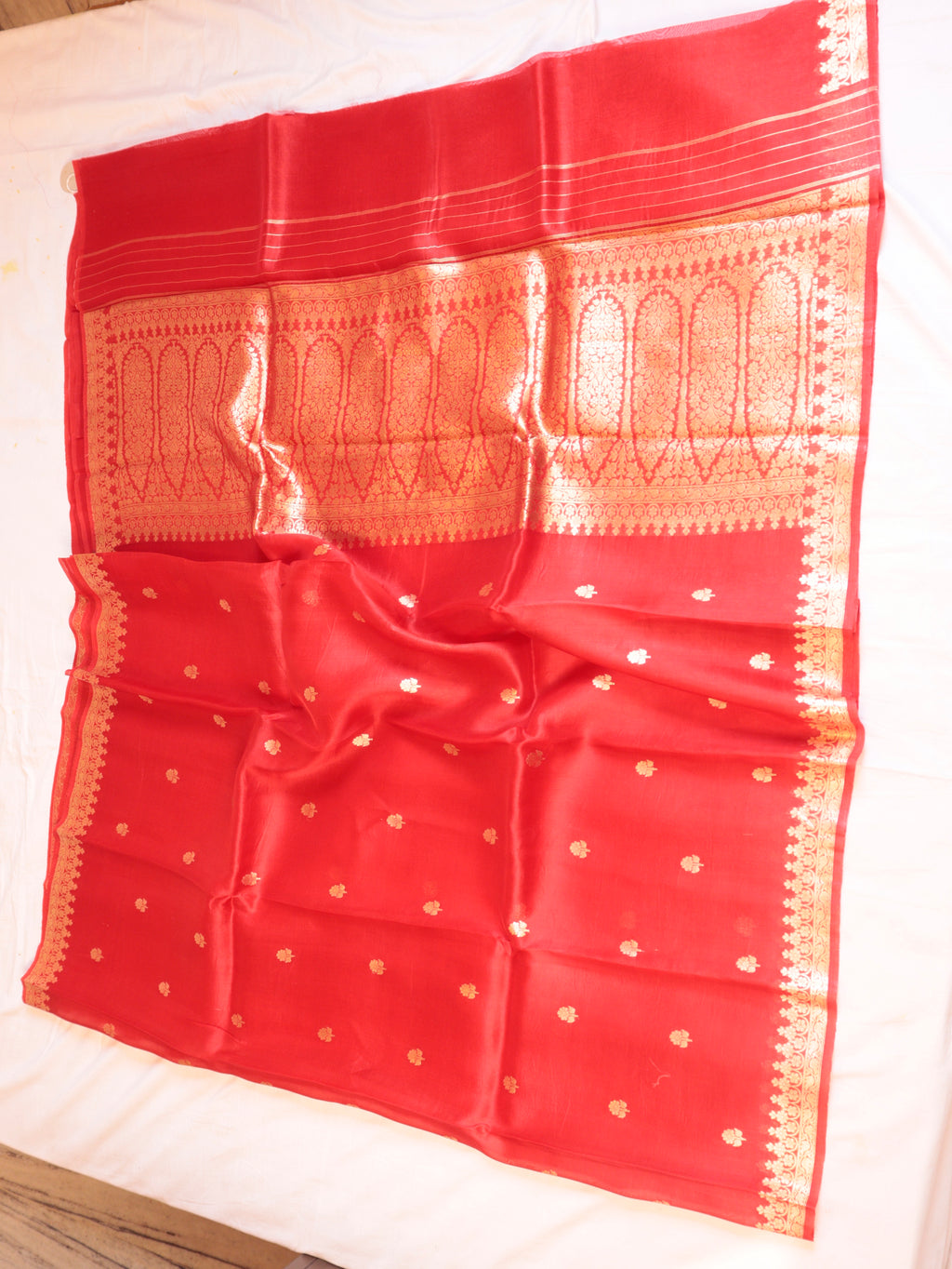 Cherry Red Pure Kora Silk Handloom Saree
