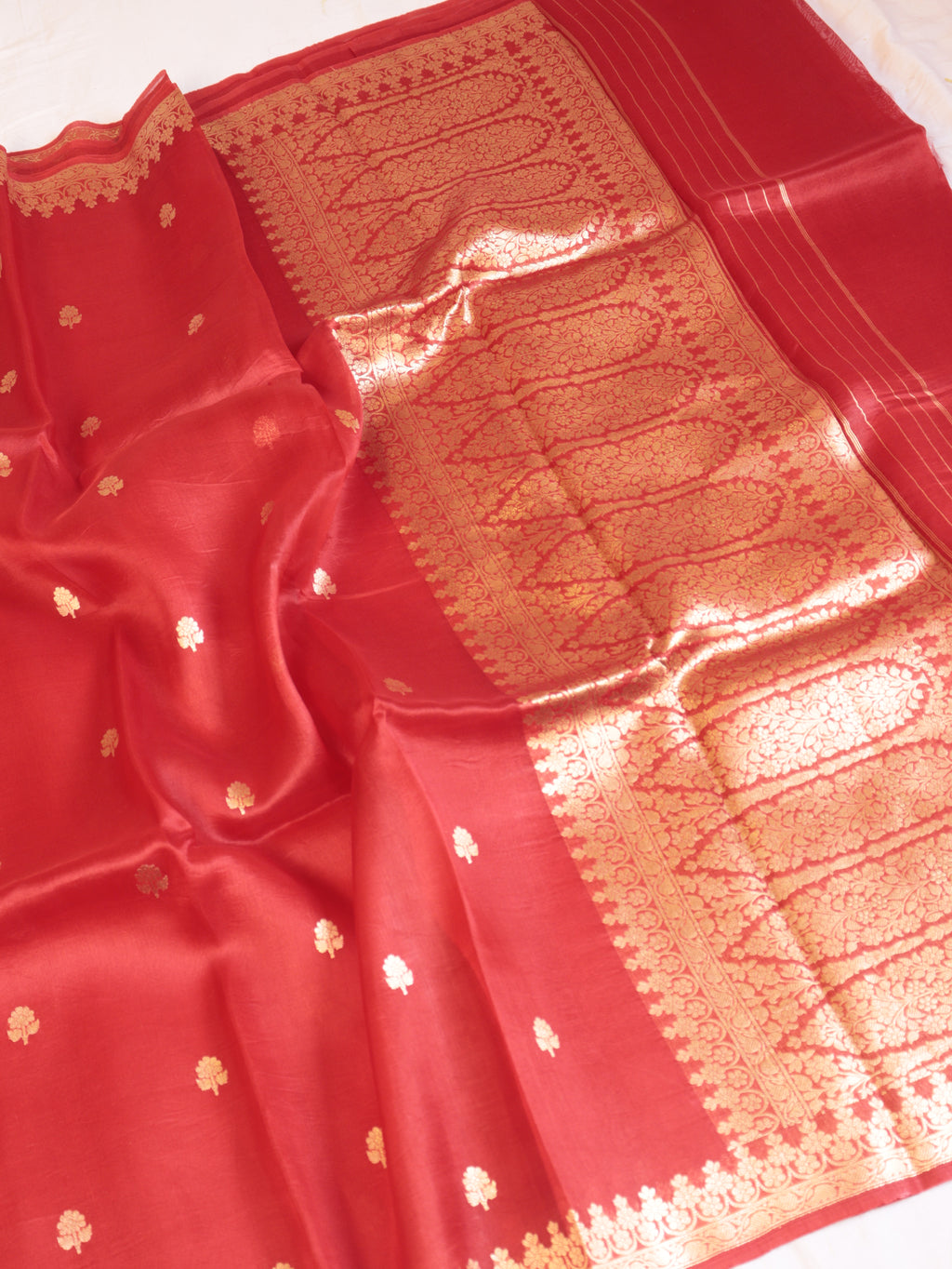 Cherry Red Pure Kora Silk Handloom Saree