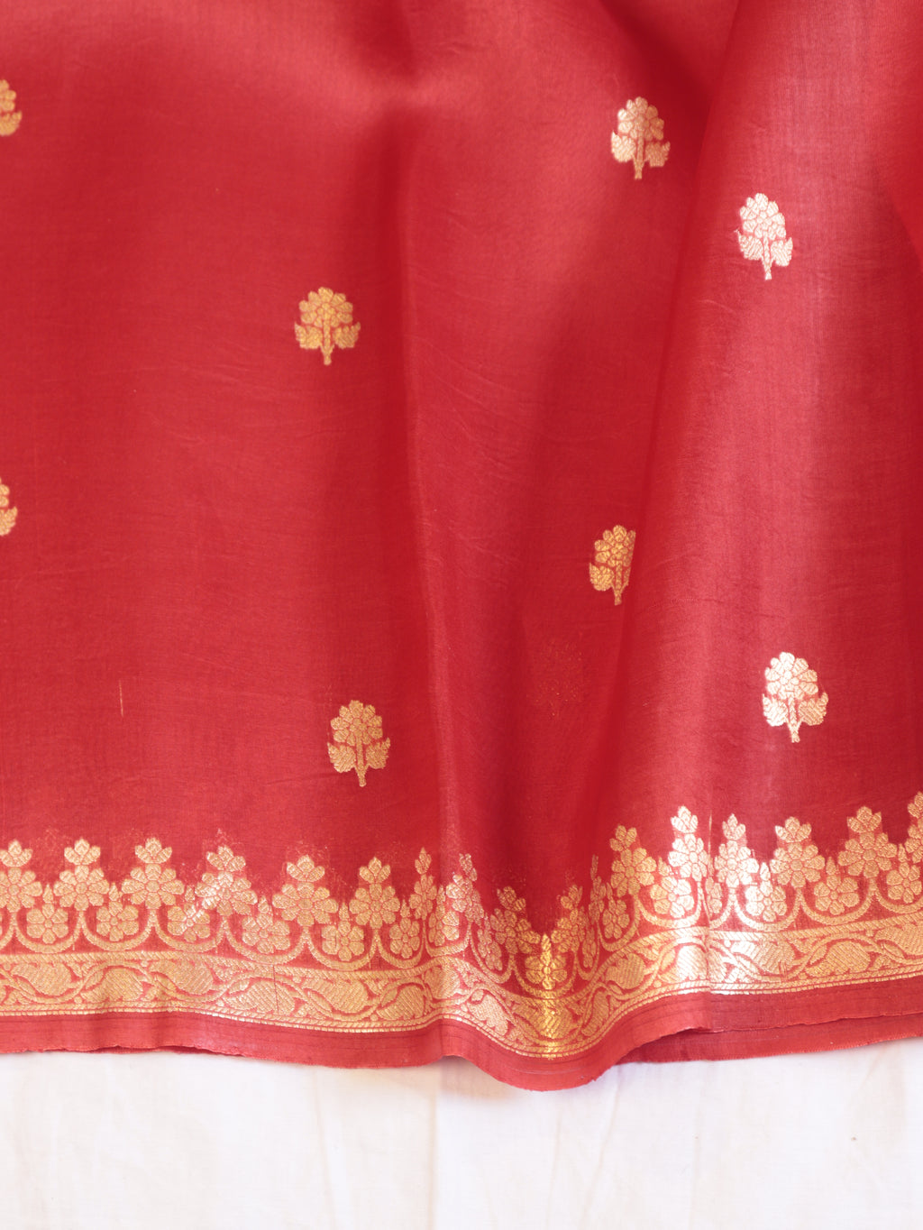 Cherry Red Pure Kora Silk Handloom Saree