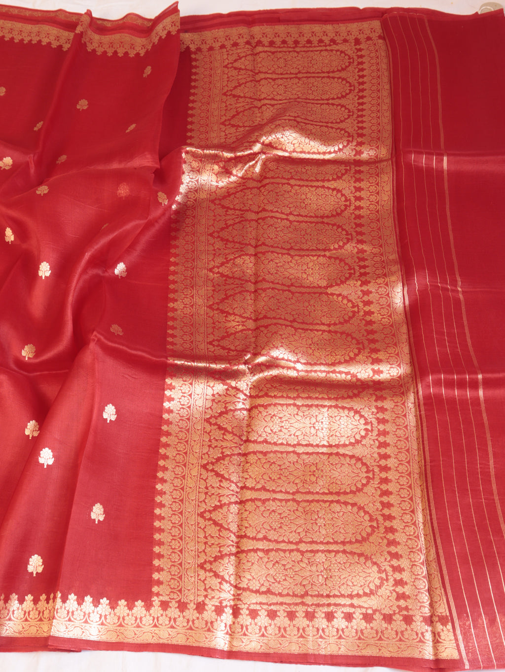 Cherry Red Pure Kora Silk Handloom Saree