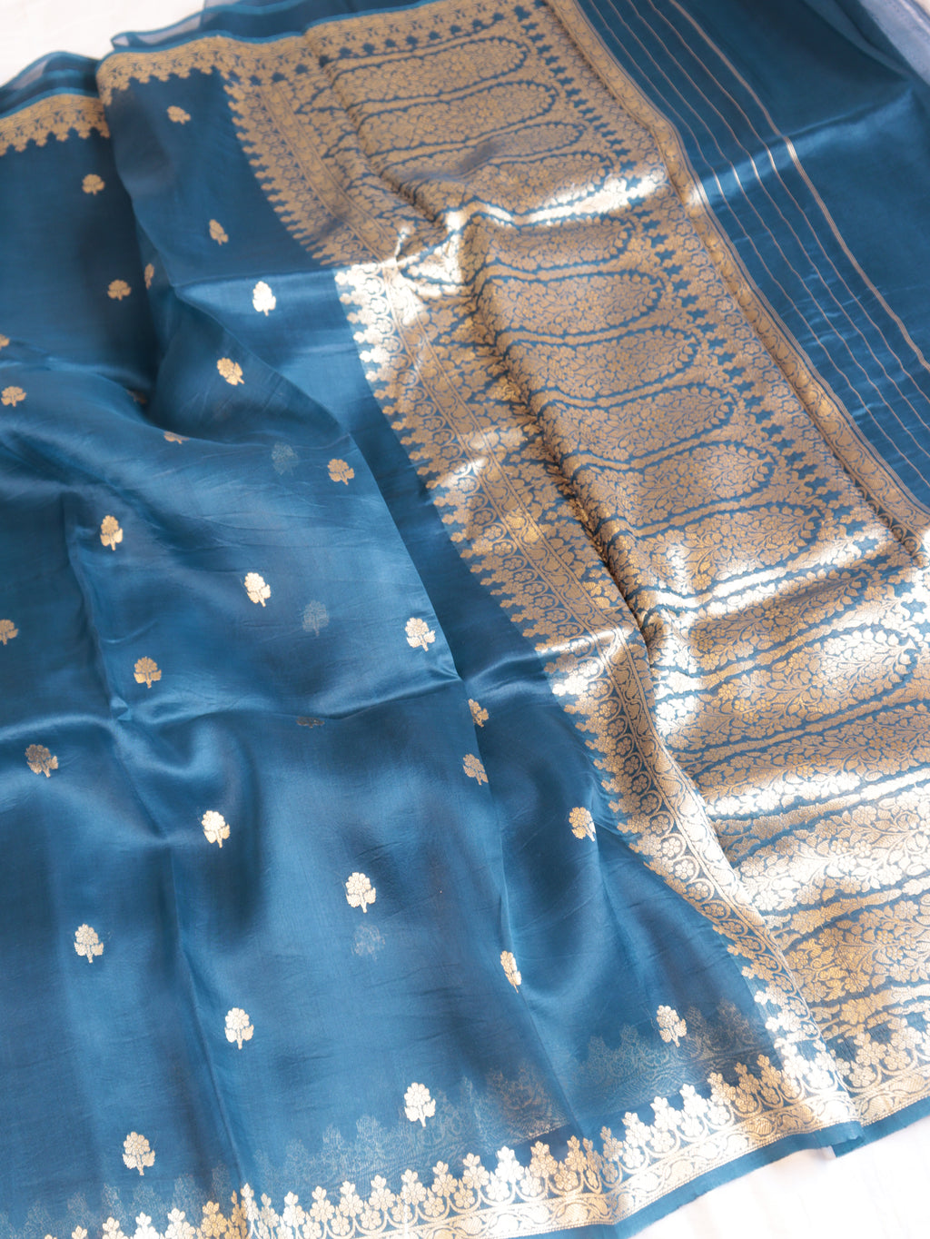 Peacock Blue Pure Kora Silk Handloom Saree