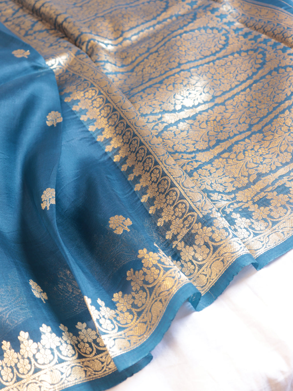Peacock Blue Pure Kora Silk Handloom Saree