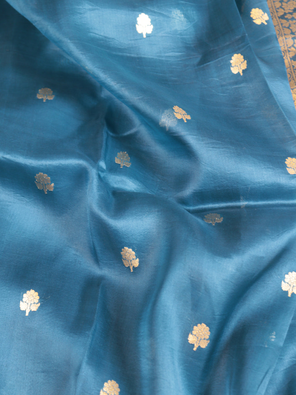 Peacock Blue Pure Kora Silk Handloom Saree