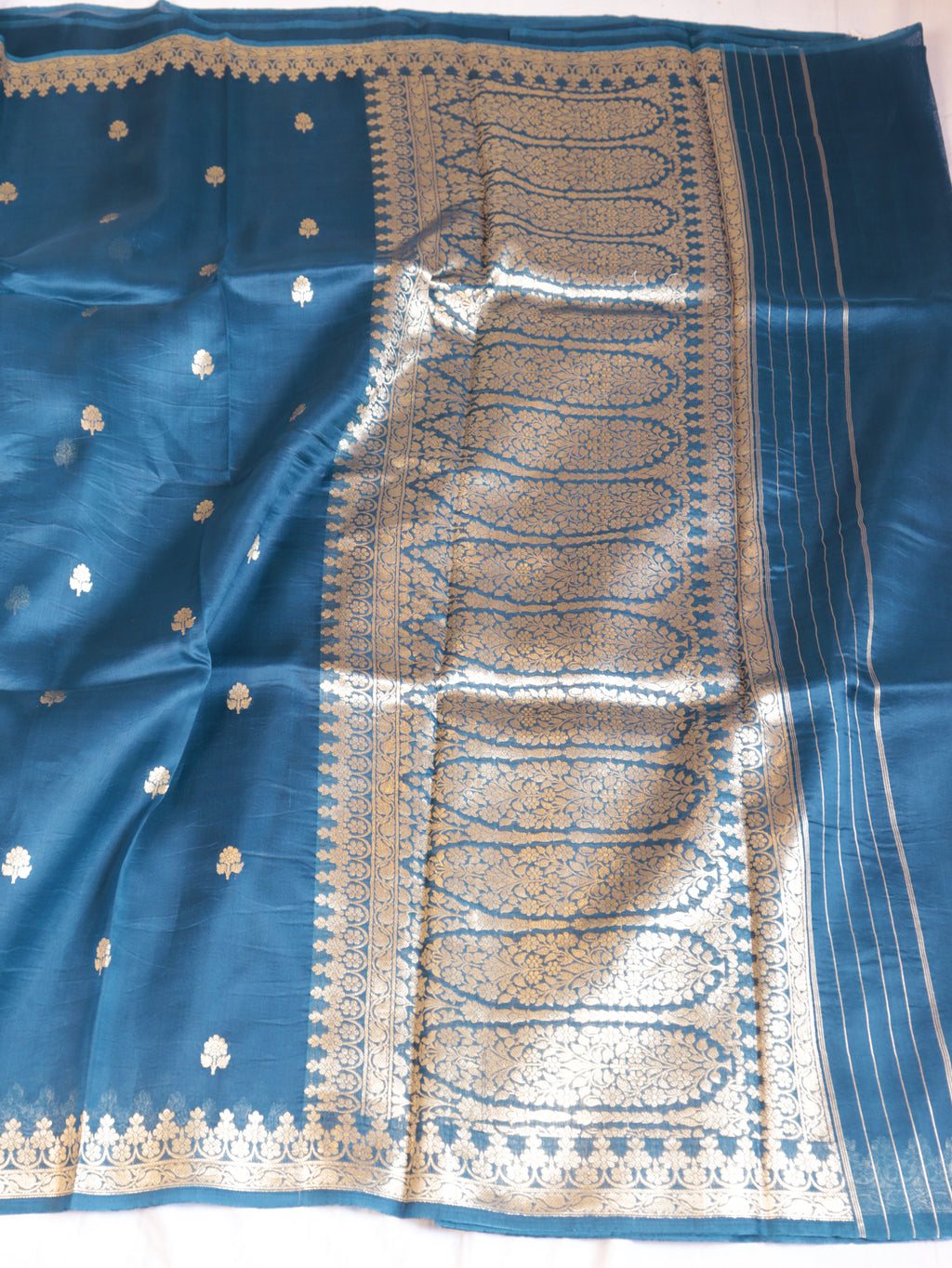 Peacock Blue Pure Kora Silk Handloom Saree