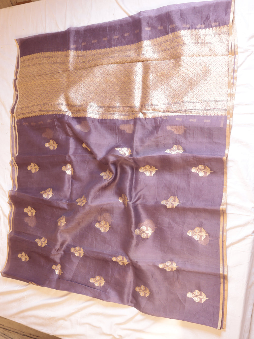 Mauve Purple Pure Kora Silk Handloom Saree with Small Booti Blouse