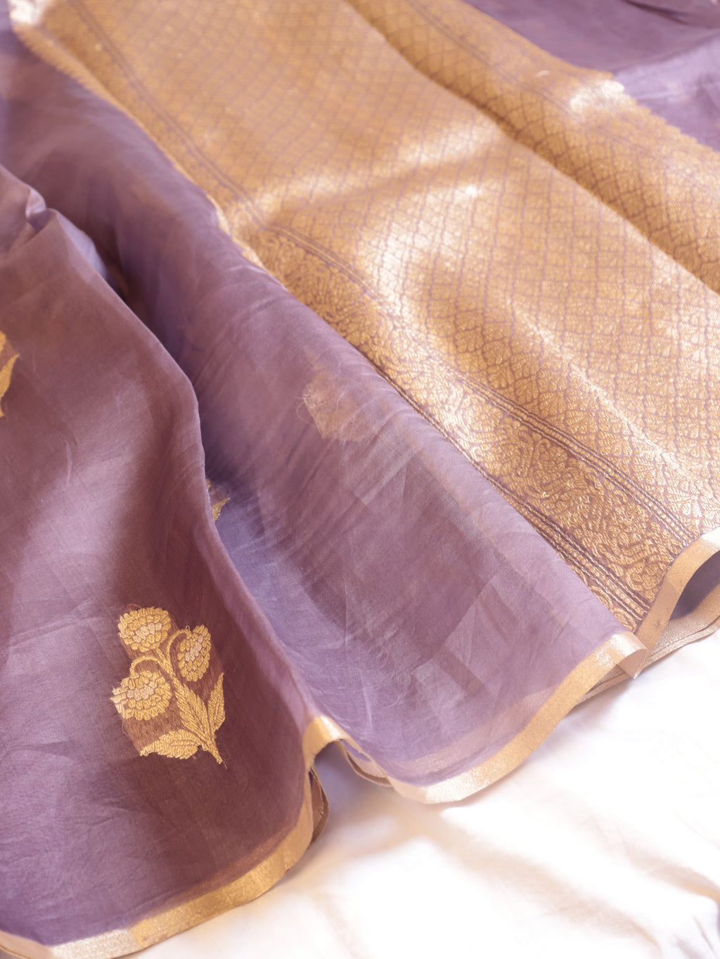 Mauve Purple Pure Kora Silk Handloom Saree with Small Booti Blouse