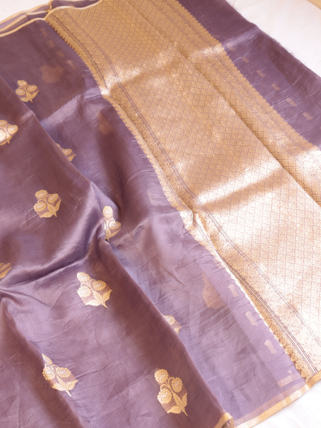Mauve Purple Pure Kora Silk Handloom Saree with Small Booti Blouse
