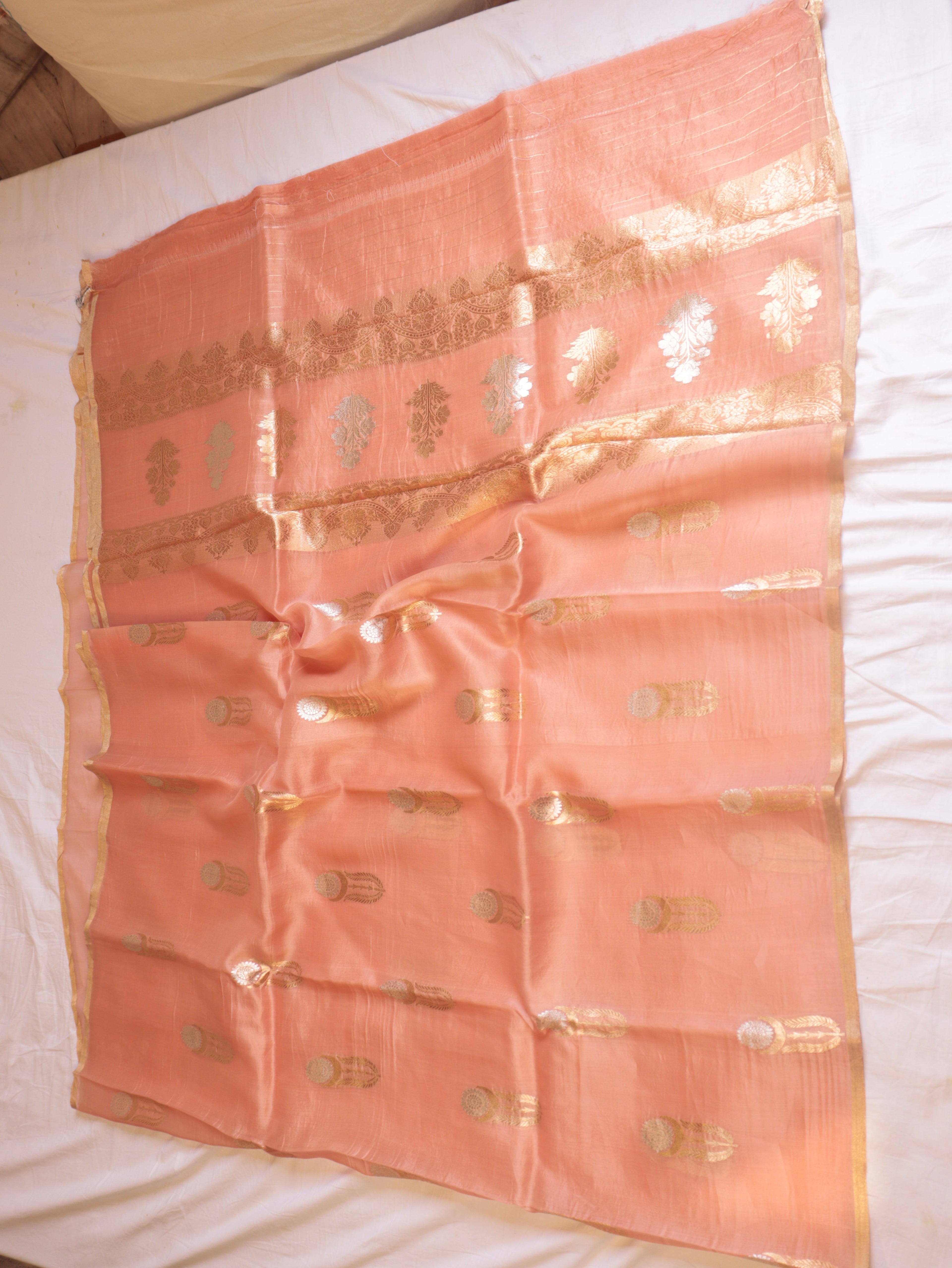 Peach Pure Kora Silk Handloom Saree with stripes Blouse