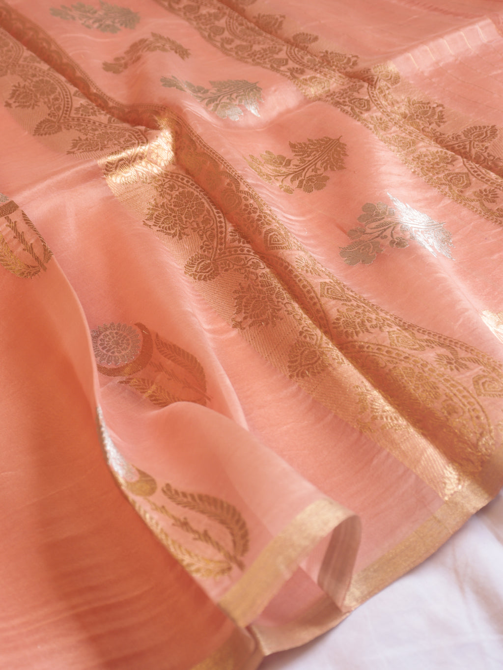 Peach Pure Kora Silk Handloom Saree with stripes Blouse