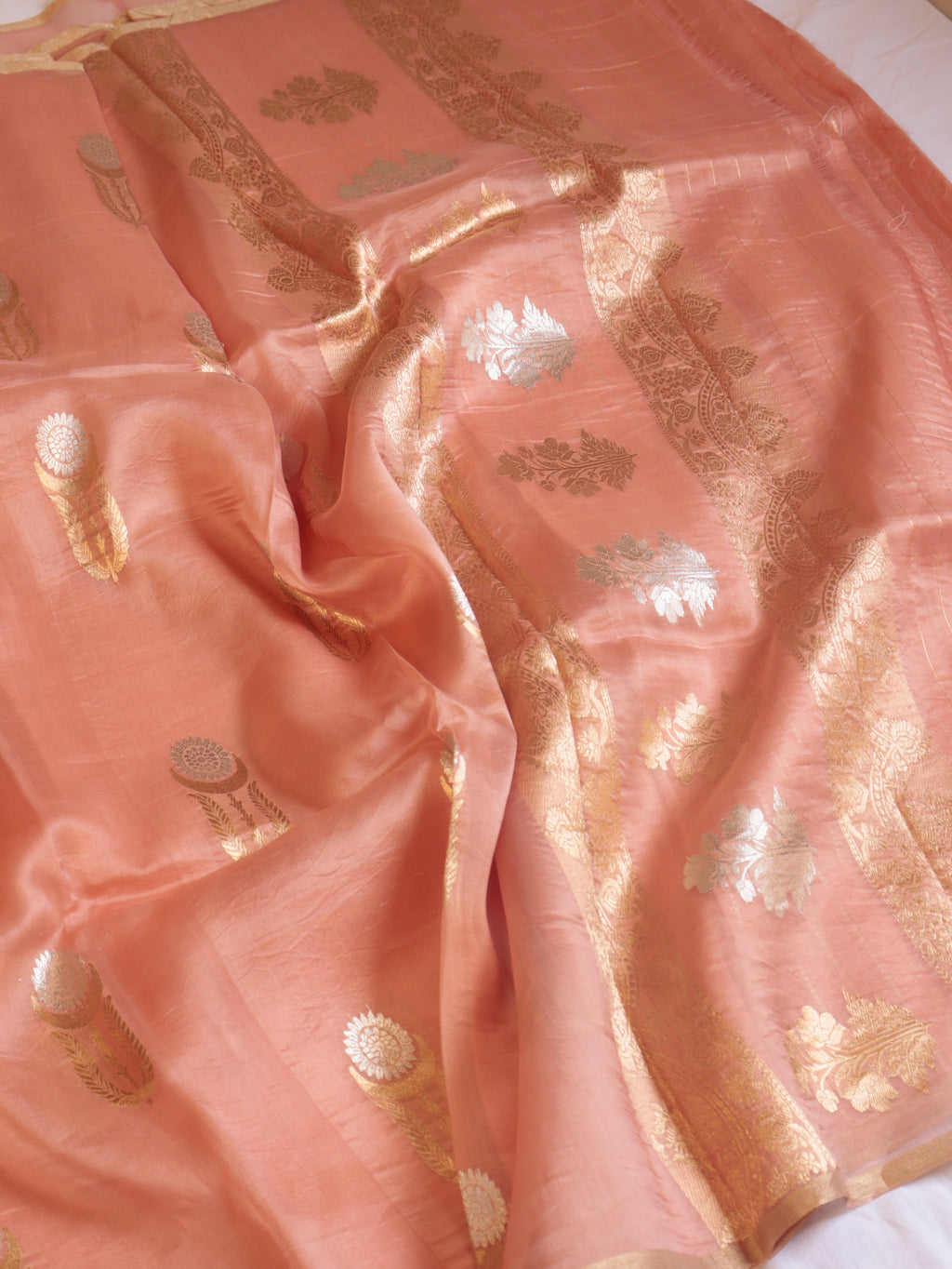 Peach Pure Kora Silk Handloom Saree with stripes Blouse