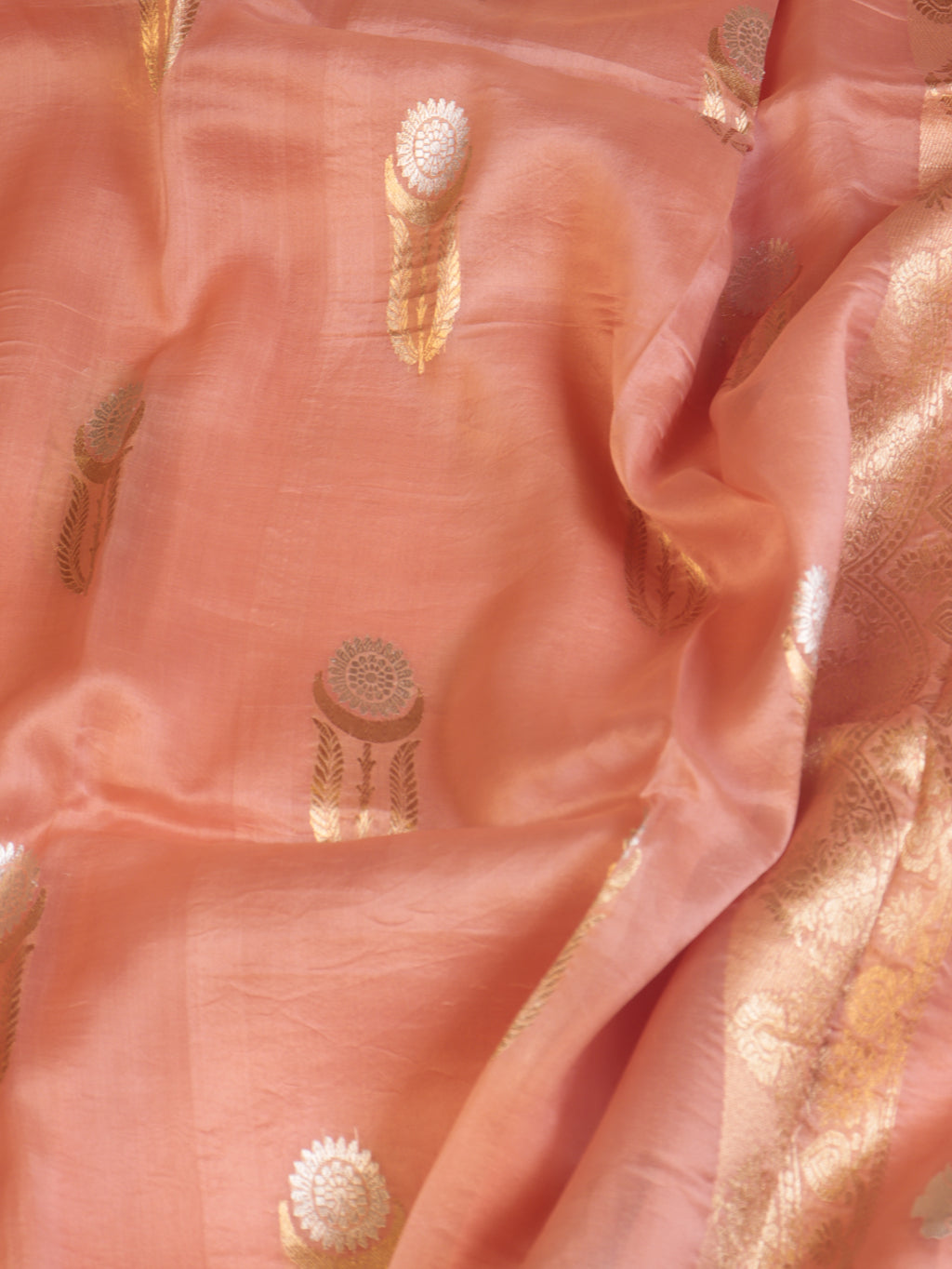 Peach Pure Kora Silk Handloom Saree with stripes Blouse