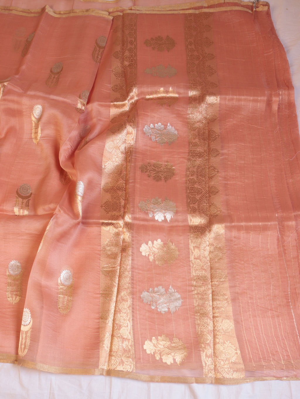 Peach Pure Kora Silk Handloom Saree with stripes Blouse