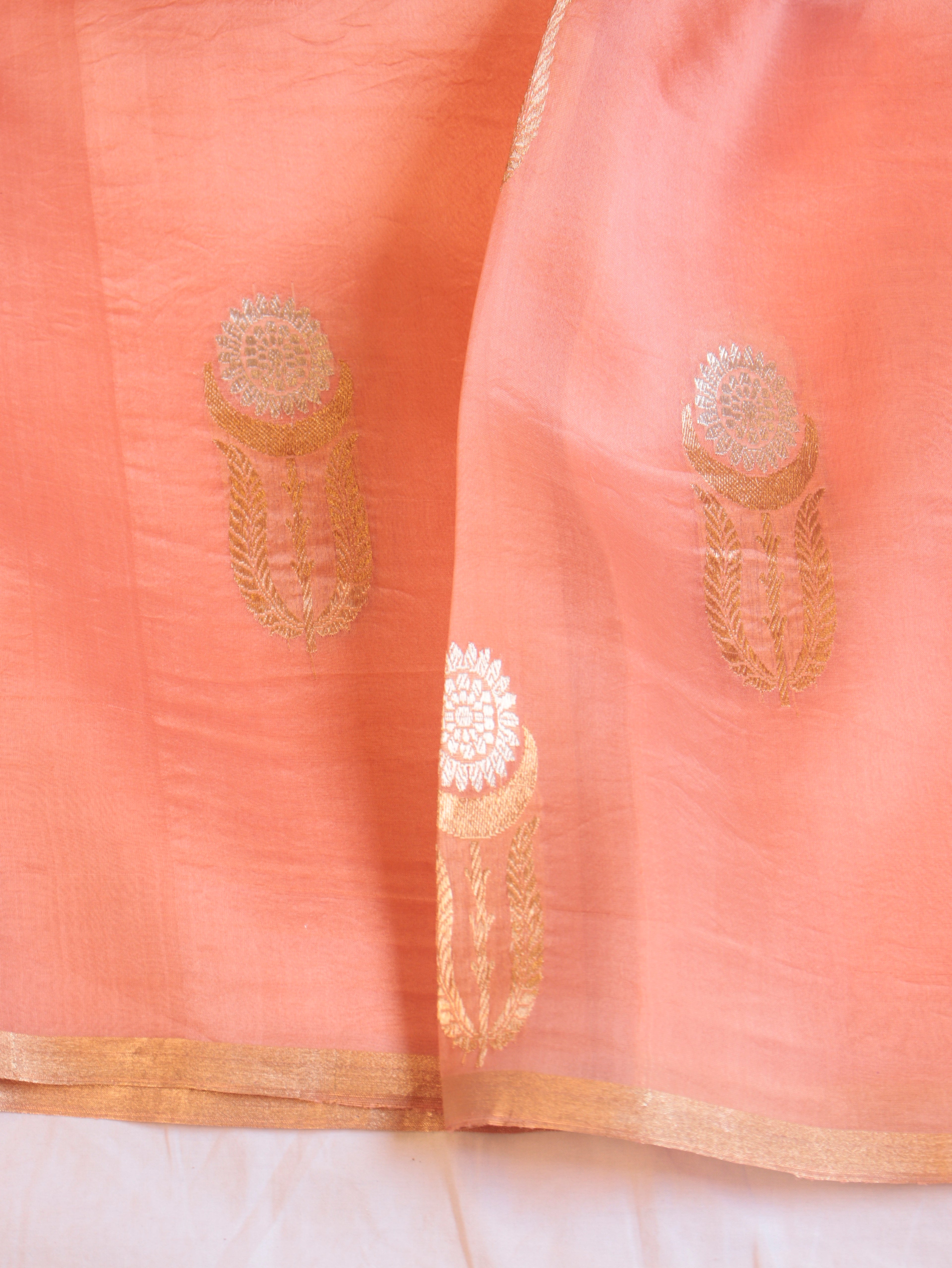 Peach Pure Kora Silk Handloom Saree with stripes Blouse