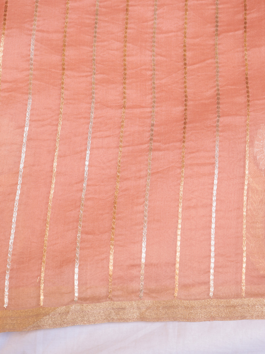 Peach Pure Kora Silk Handloom Saree with stripes Blouse