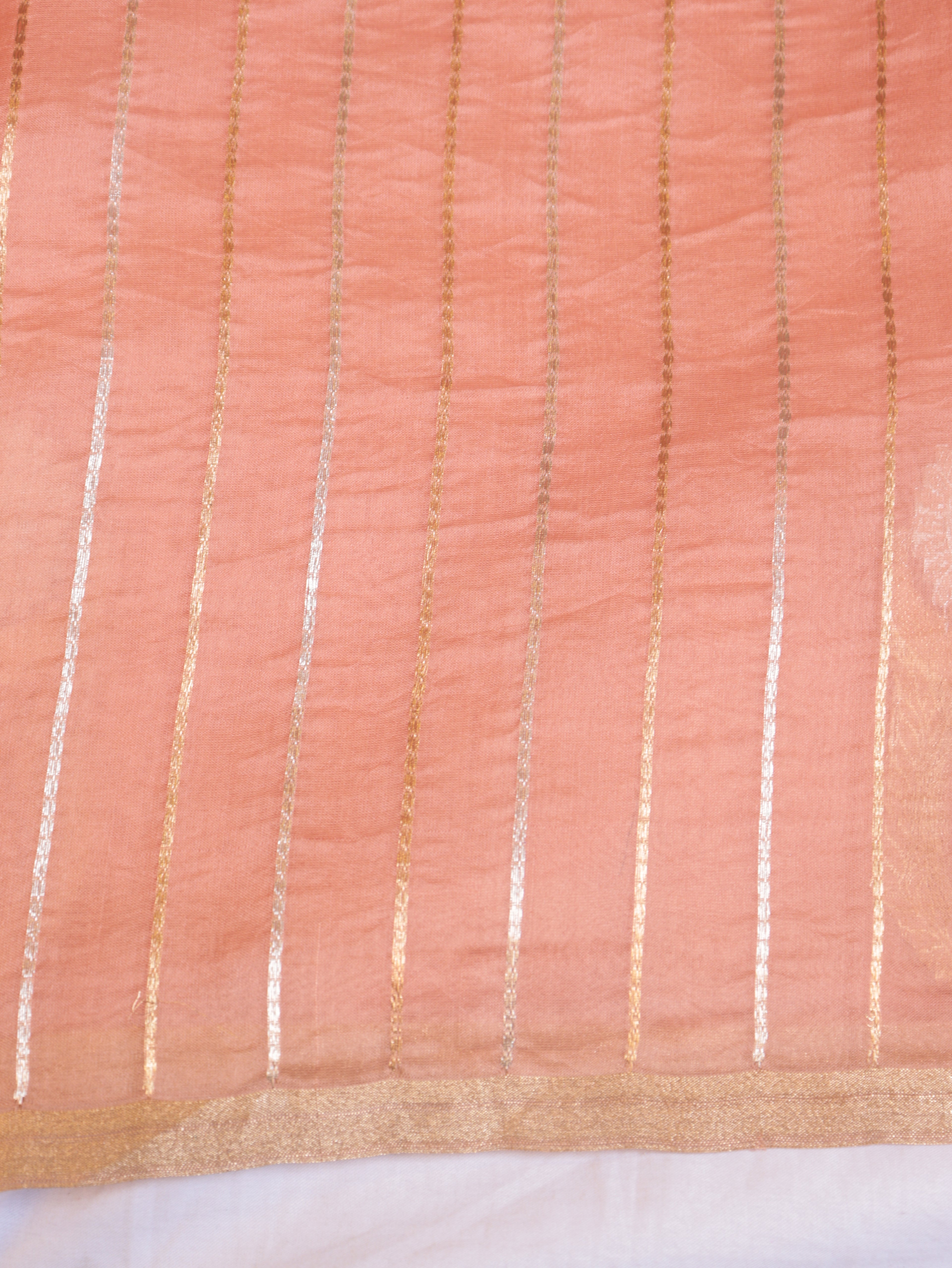 Peach Pure Kora Silk Handloom Saree with stripes Blouse