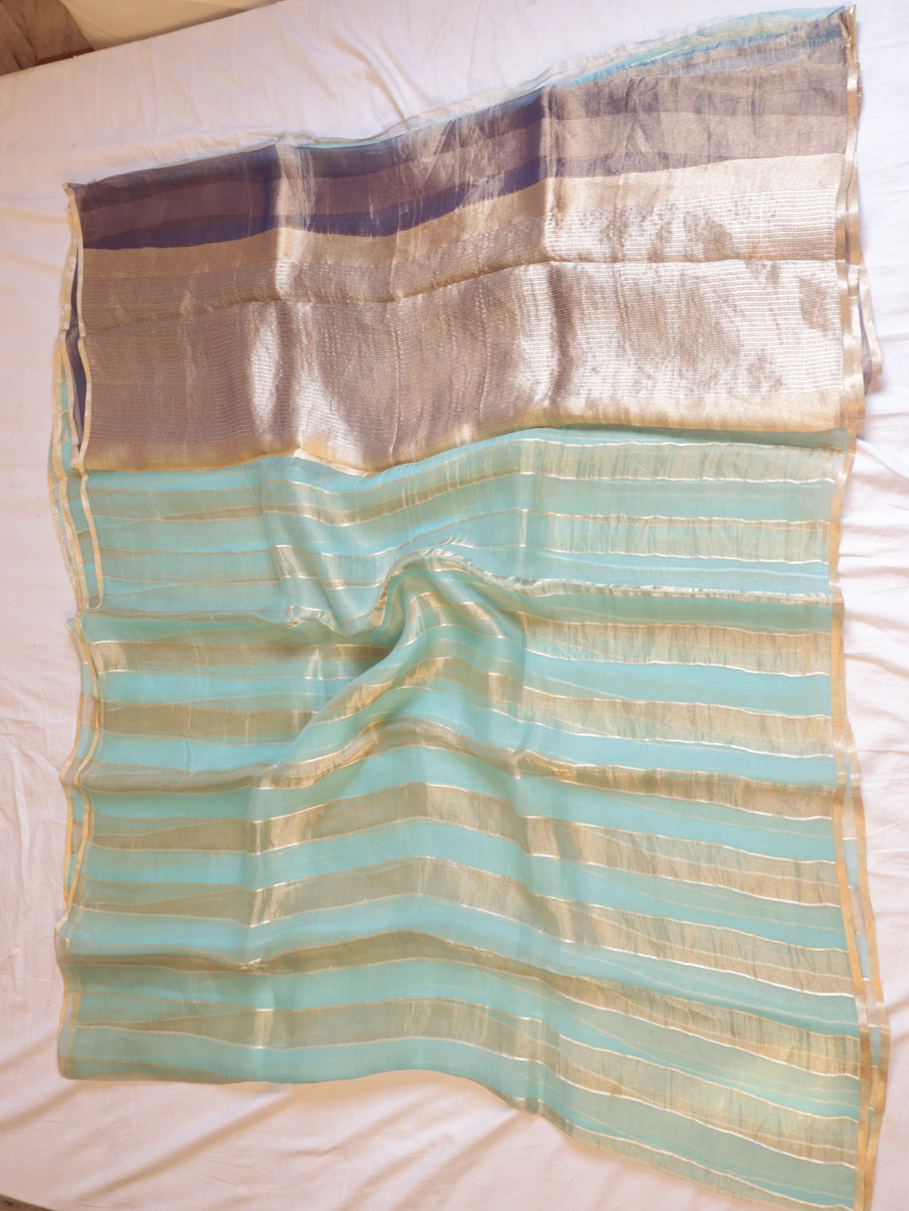 Pre-Order : Mint Blue Pure Tissue Kora Silk Handloom Saree with Contrast Blouse